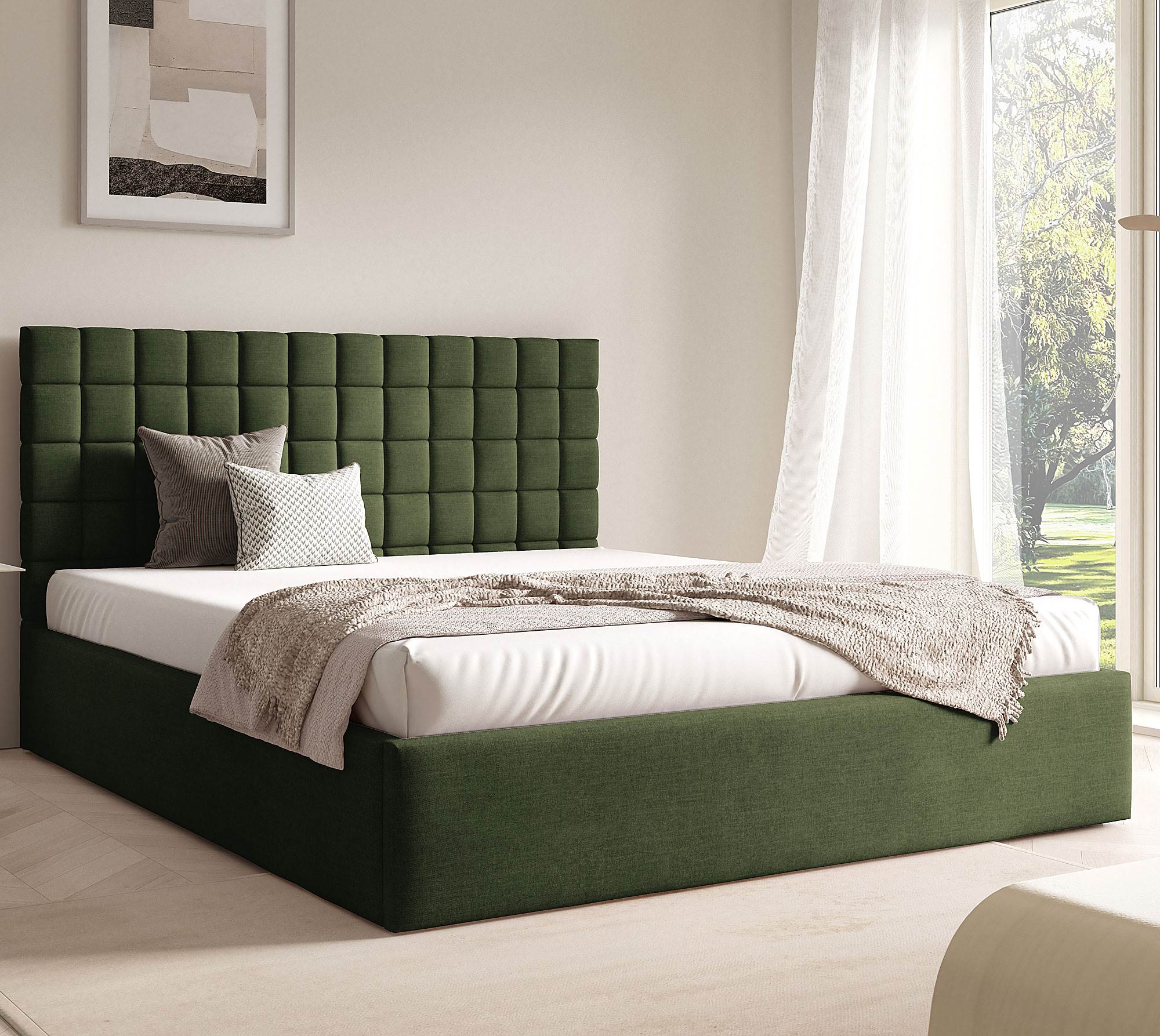 Aranżacja wnętrza z zielonym łóżkiem Merenzo