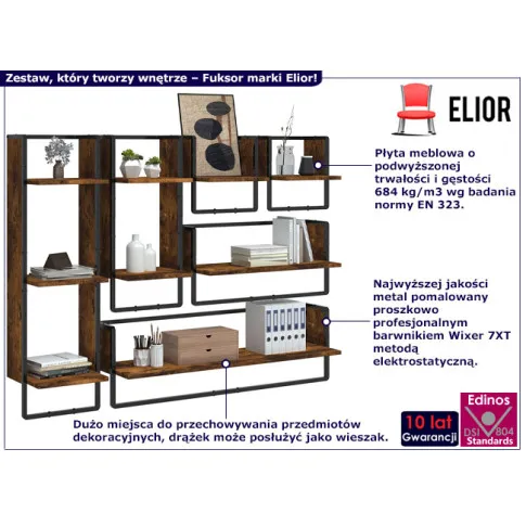 Fotografia Industrialny zestaw 6 półek ściennych przydymiony dąb - Valkiria z kategorii Półki ścienne