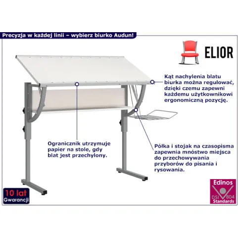 Fotografia Biało-szare metalowe biurko kreślarskie podnoszone - Guveri z kategorii Pozostałe biurka