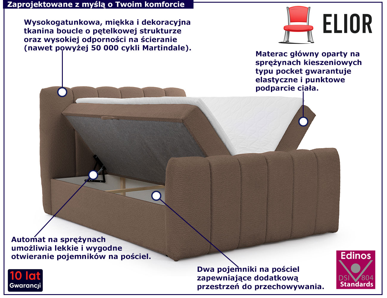 Brązowe tapicerowane łóżko chmurka Rosmeri