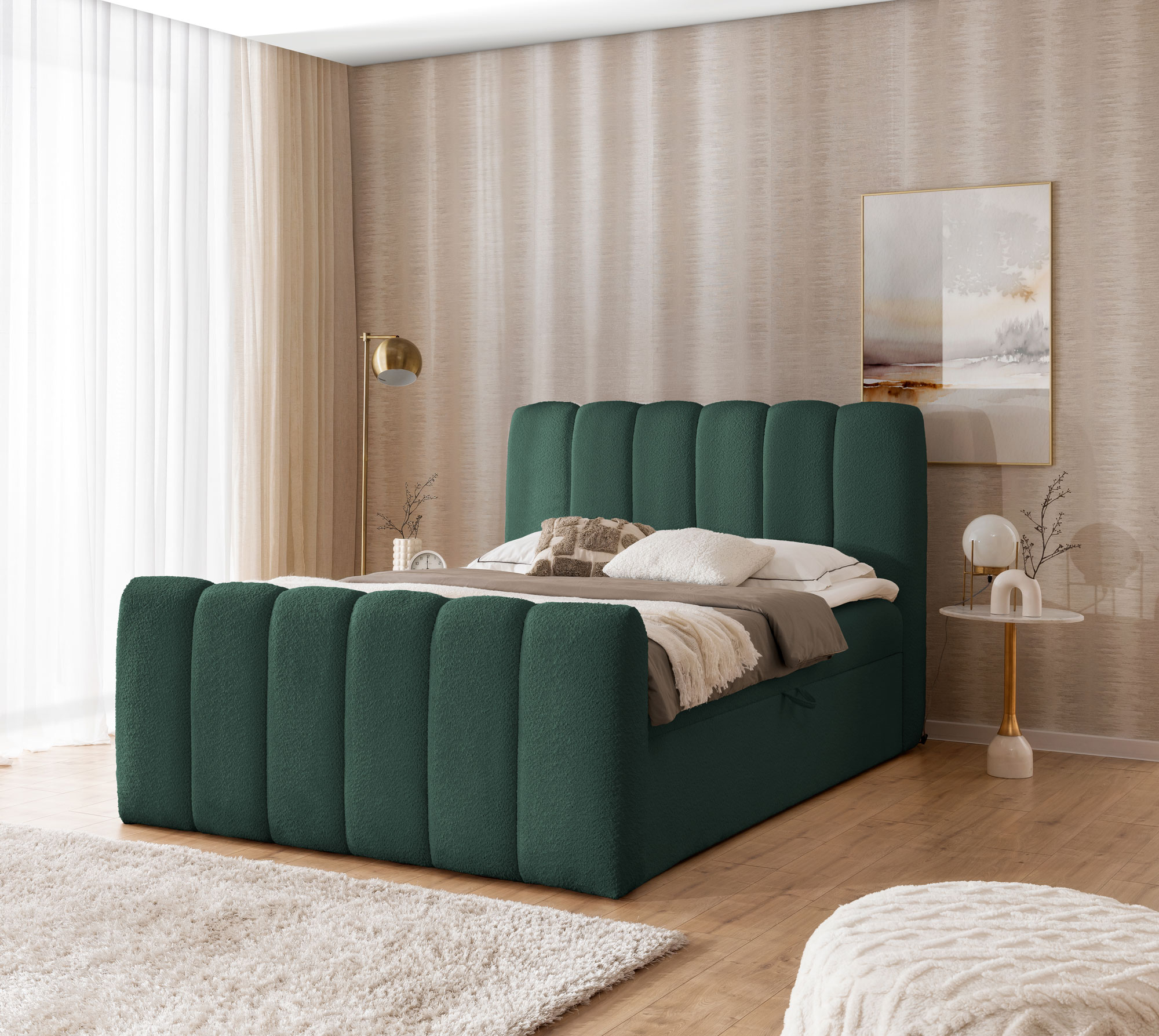 Aranżacja wnętrza z ciemnozielonym łóżkiem Cloud