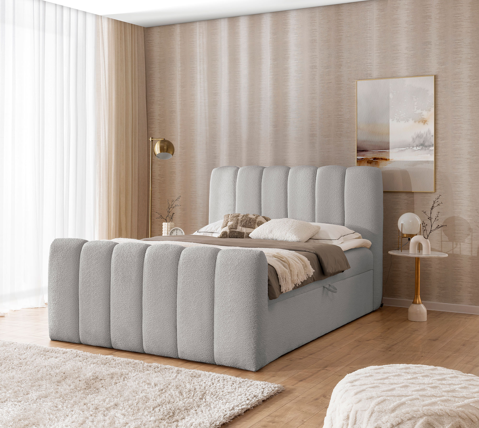 Aranżacja wnętrza z szarym łóżkiem Cloud