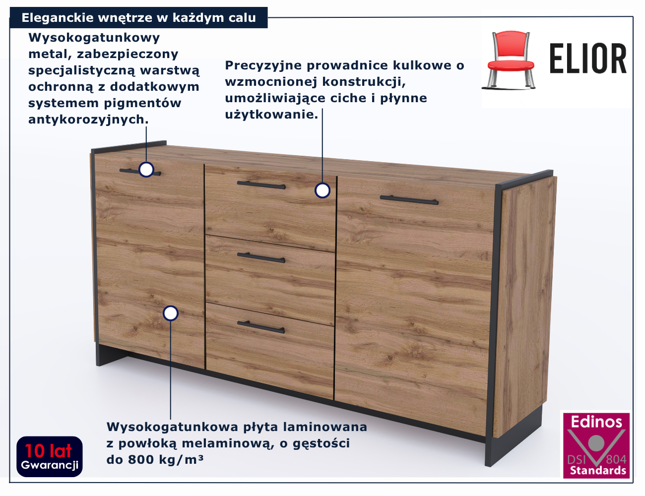 Duża komoda do przechowywania z 3 szufladami Fellia 4X dąb wotan + czarny