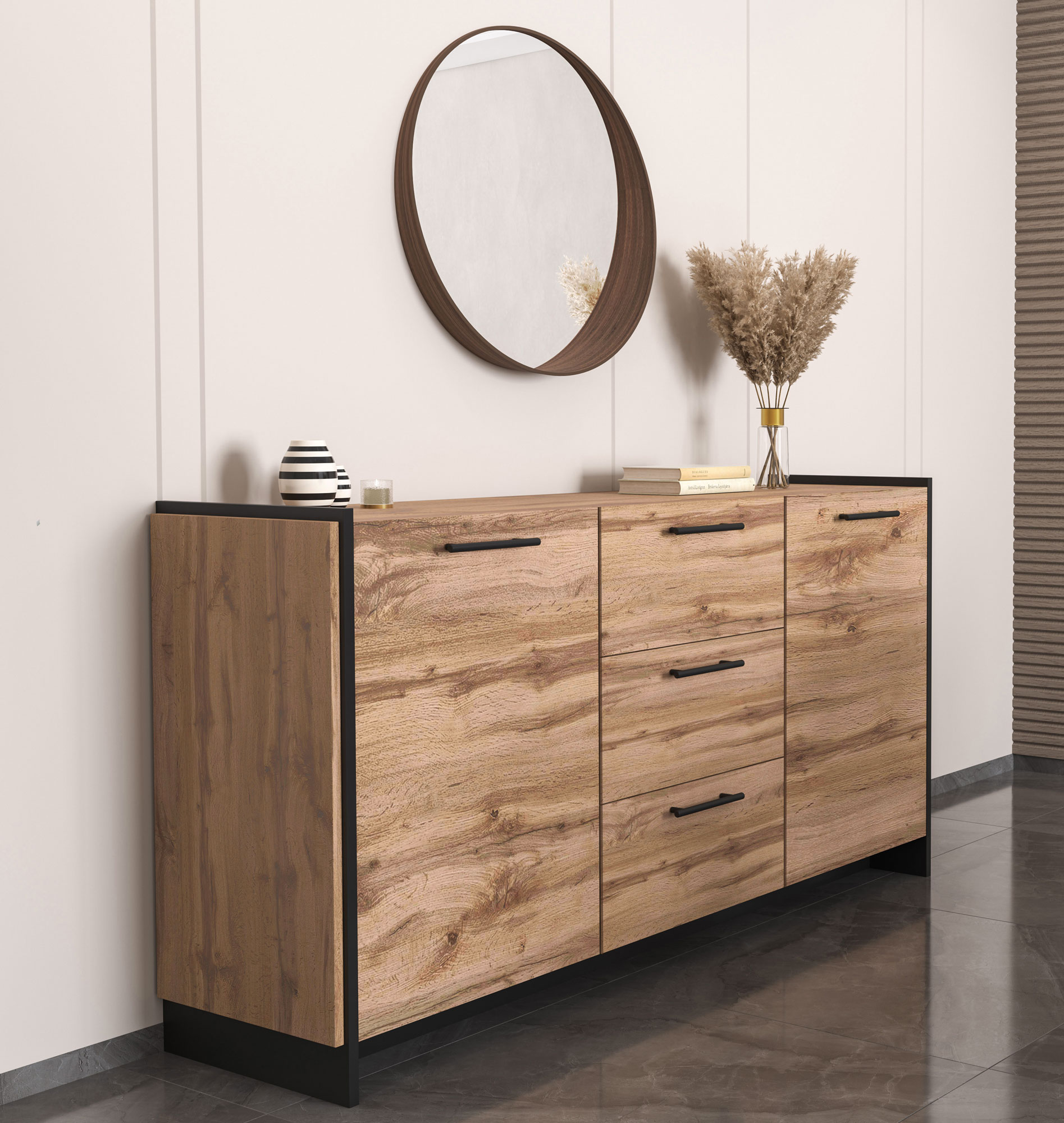 Wnętrze z wykorzystaniem długiej komody Fellia 4X dąb wotan + czarny