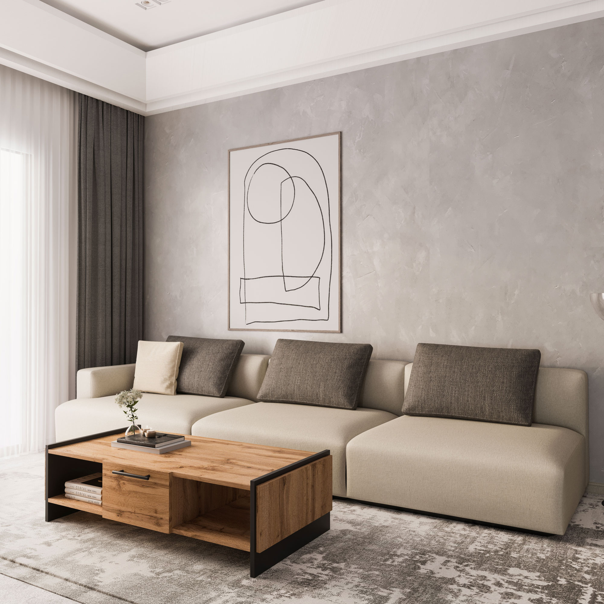 Salon z nowoczesnym stolikiem kawowym Fellia 5X dąb wotan + czarny