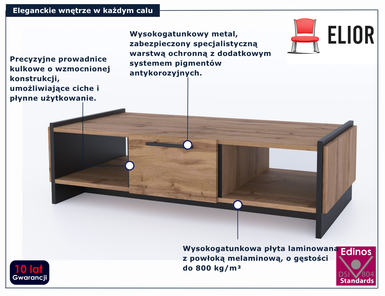 Nowoczesna ława z szufladą dąb wotan + czarny Fellia 5X