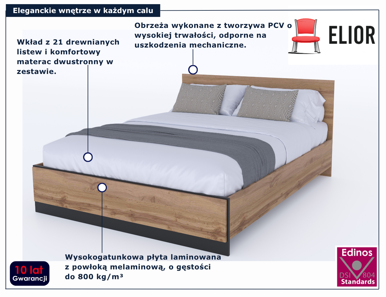 Klasyczne łóżko z zagłówkiem dąb wotan + czarny Fellia 6X