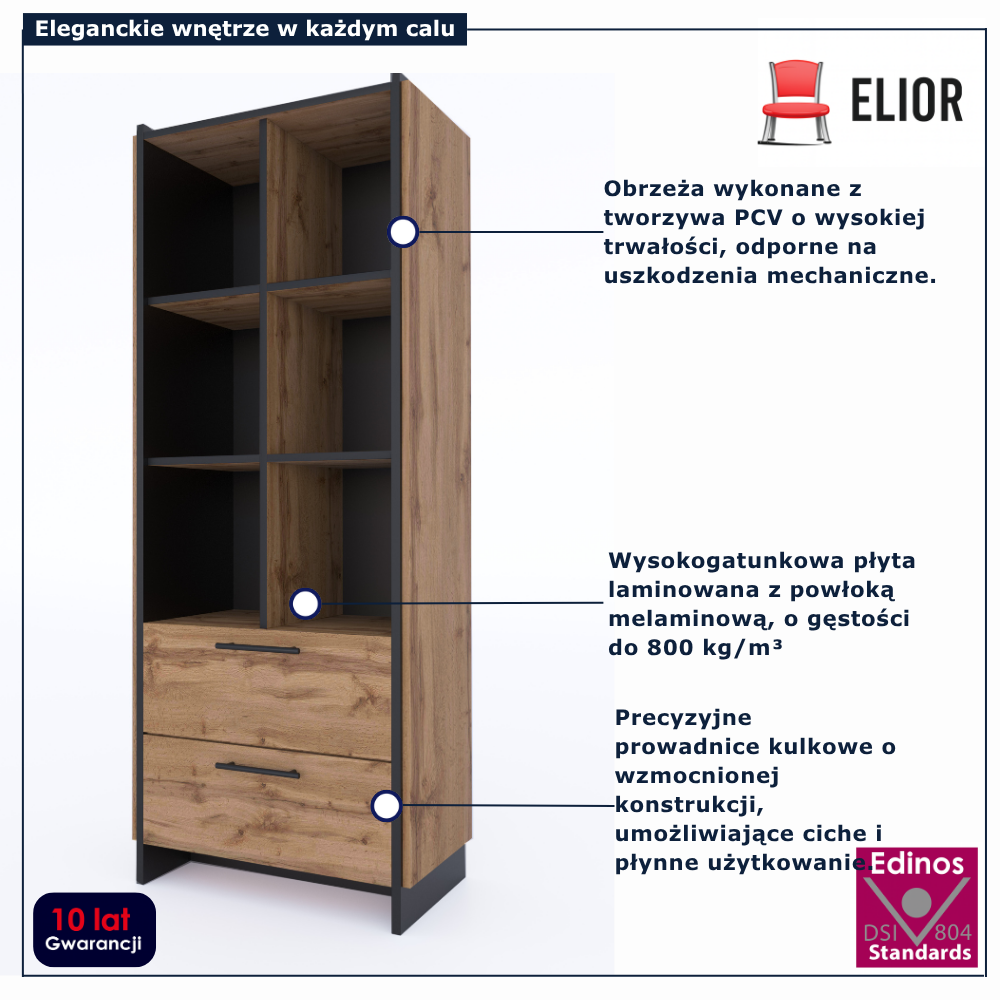 Regał otwarty z szufladami do salonu dąb wotan + czarny Fellia 9X