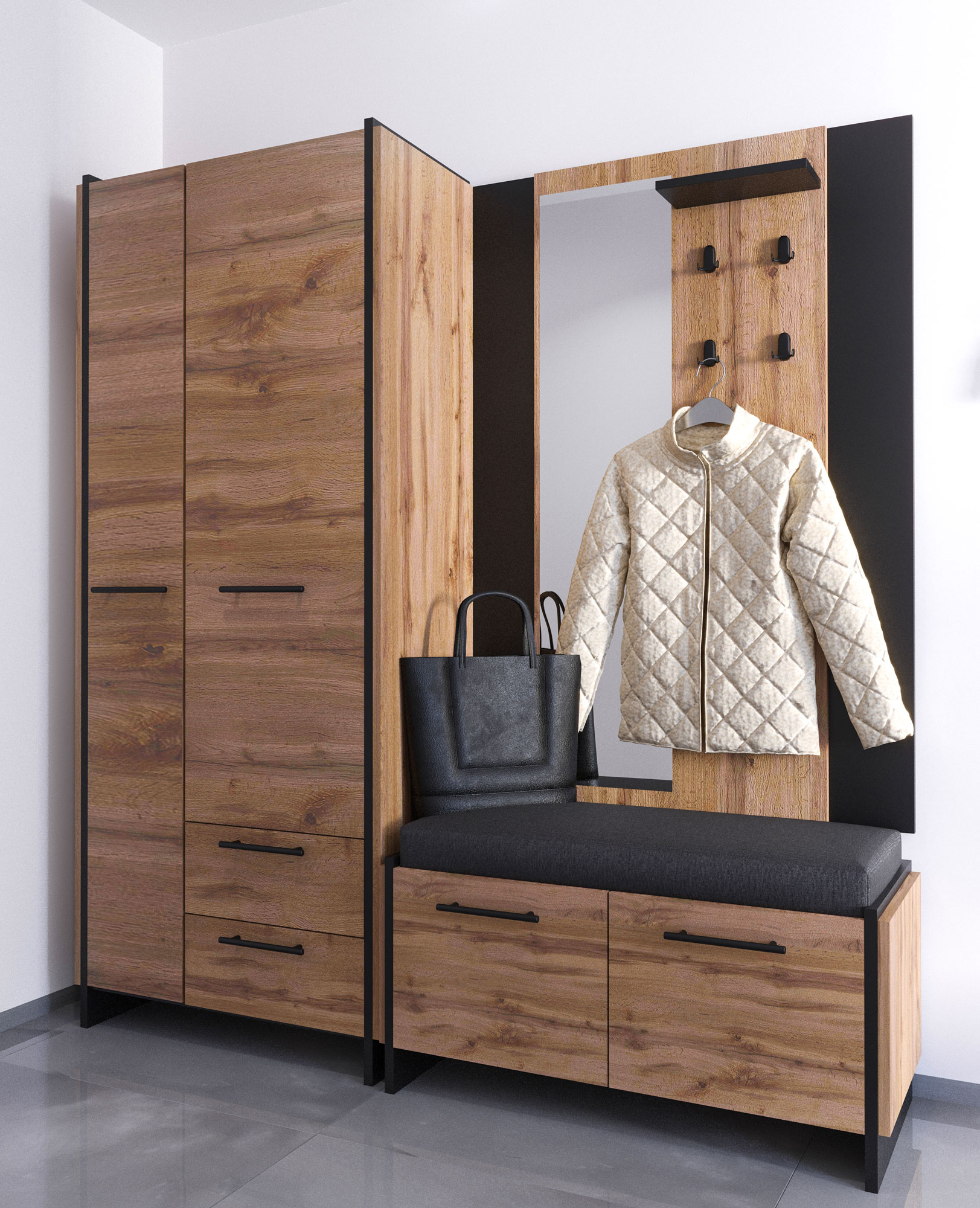 Przedpokój z wykorzystaniem szafy dwudrzwiowej Fellia 10X dąb wotan + czarny