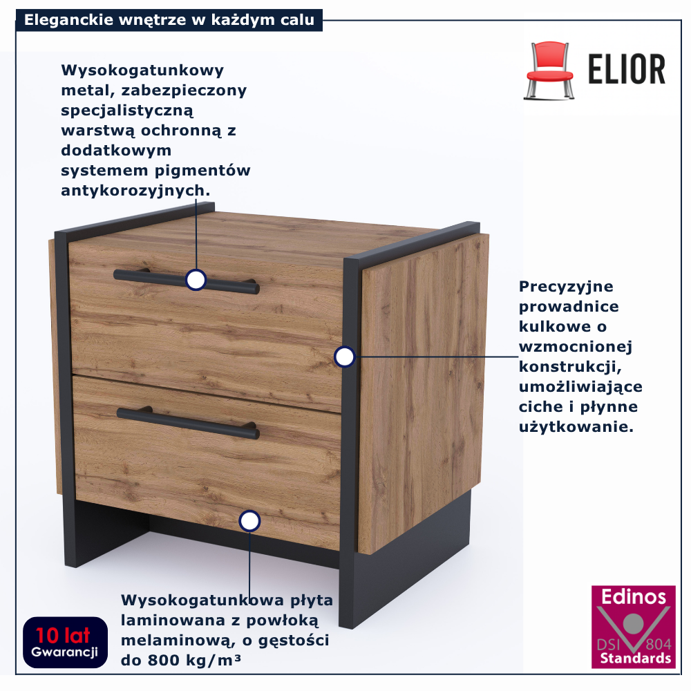 Szafka nocna z 2 szufladami dąb wotan + czarny z zestawu Fellia 13X