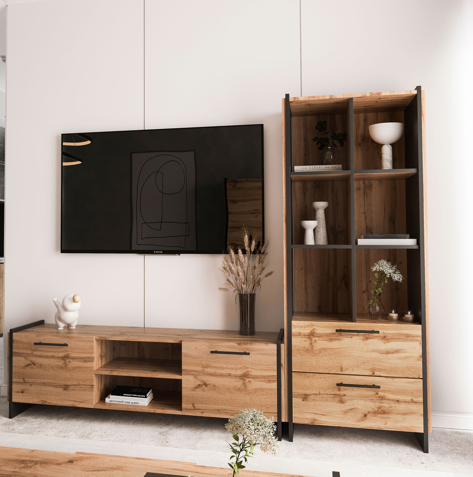 Przykładowa aranżacja z szafką RTV dąb wotan + czarny Fellia 14X