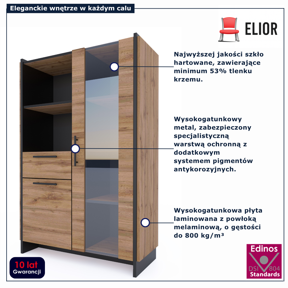 Szeroka szklana witryna do gabinetu Fellia 16X dąb wotan + czarny