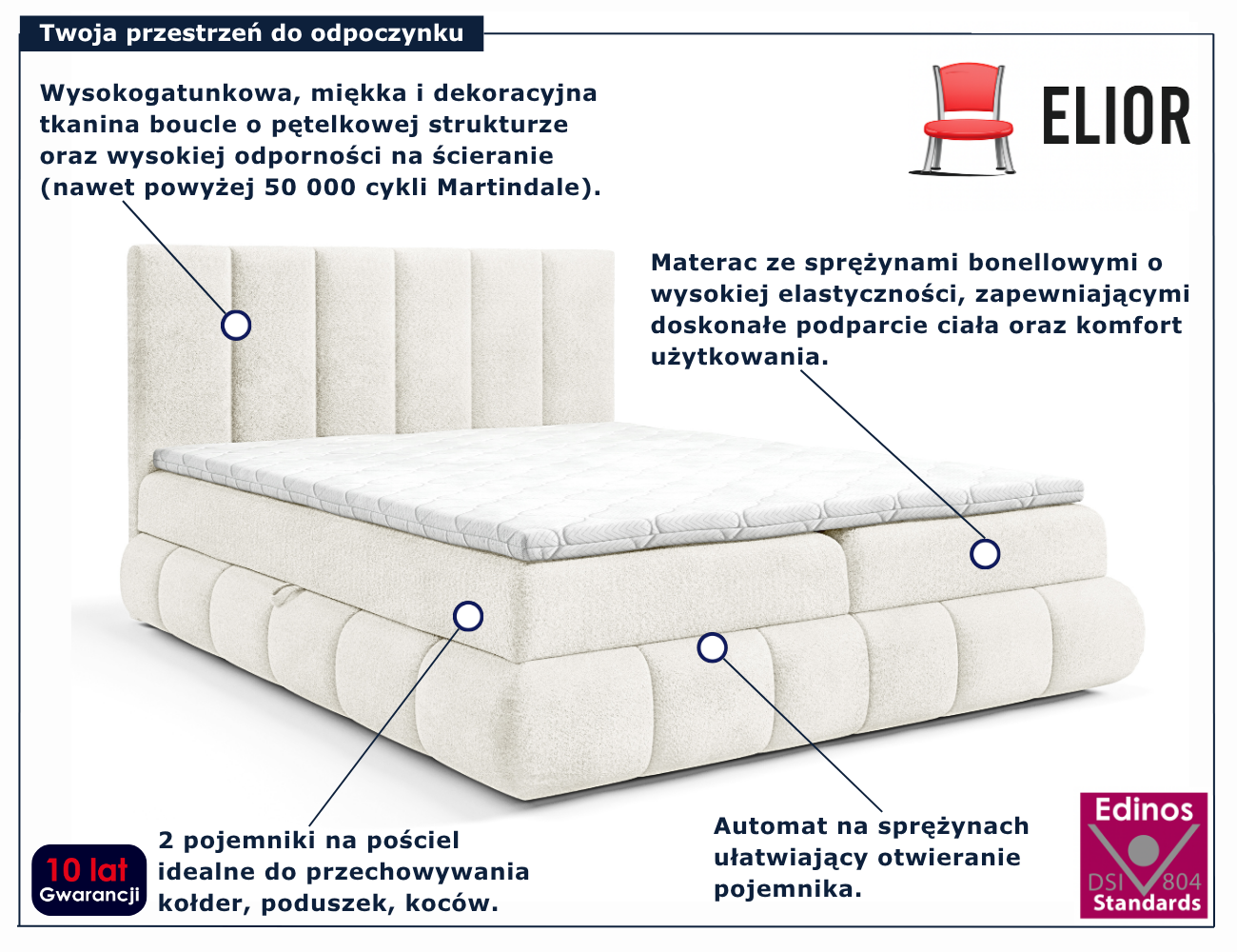 Kremowe tapicerowane łóżko Soressa 3X