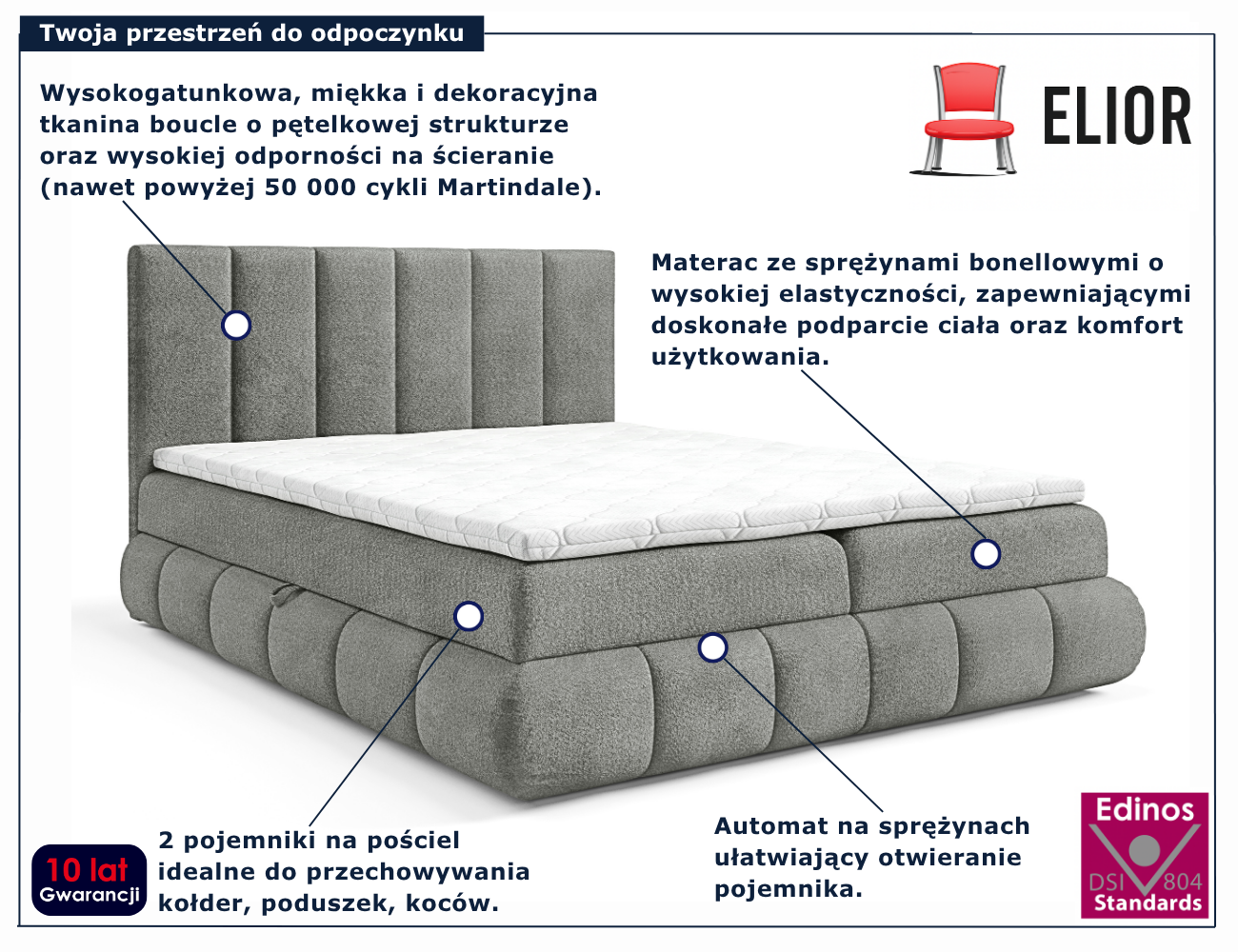 Ciemnoszare tapicerowane łóżko Soressa 3X