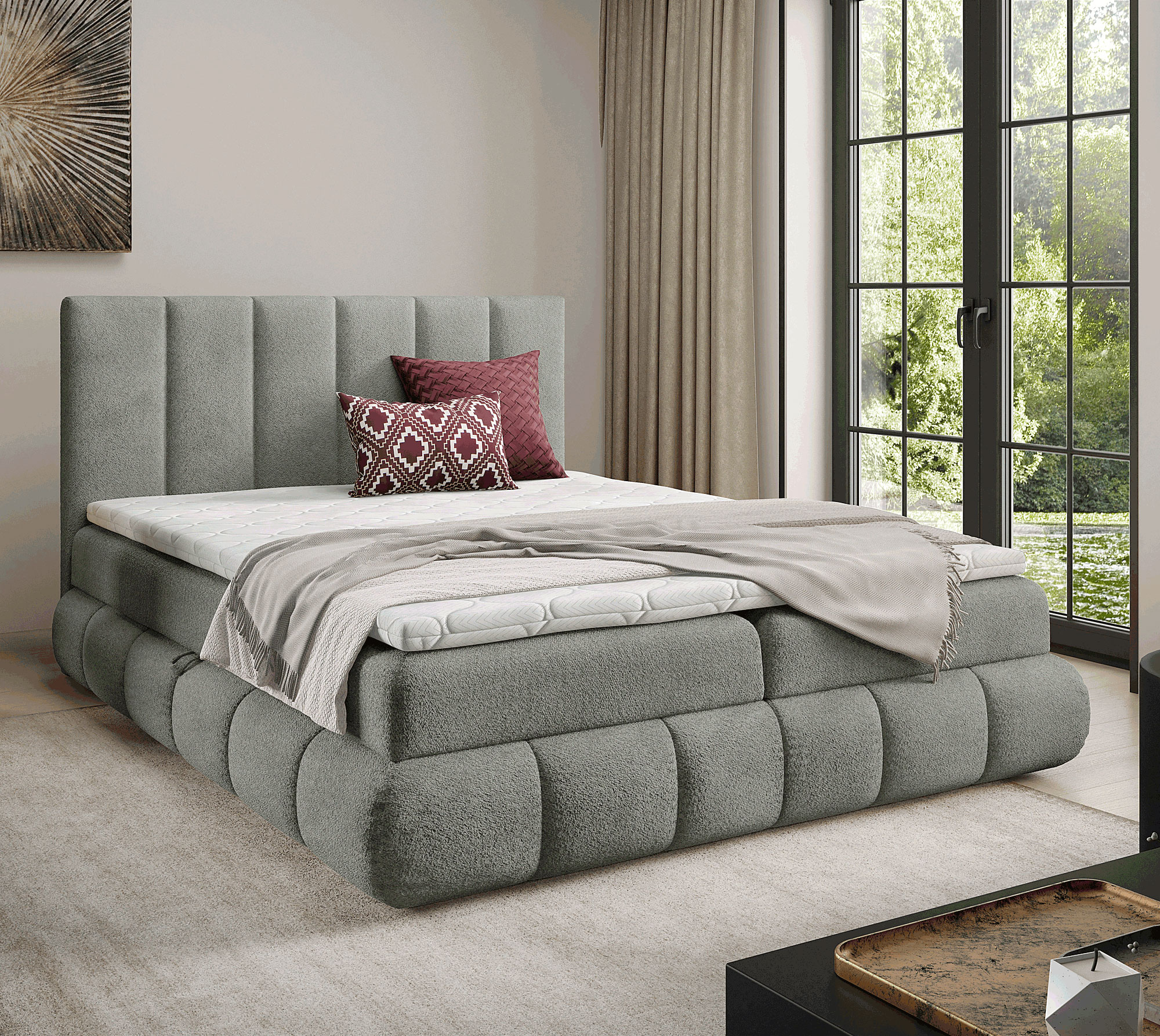 Aranżacja wnętrza z ciemnoszarym łóżkiem Soressa 3X