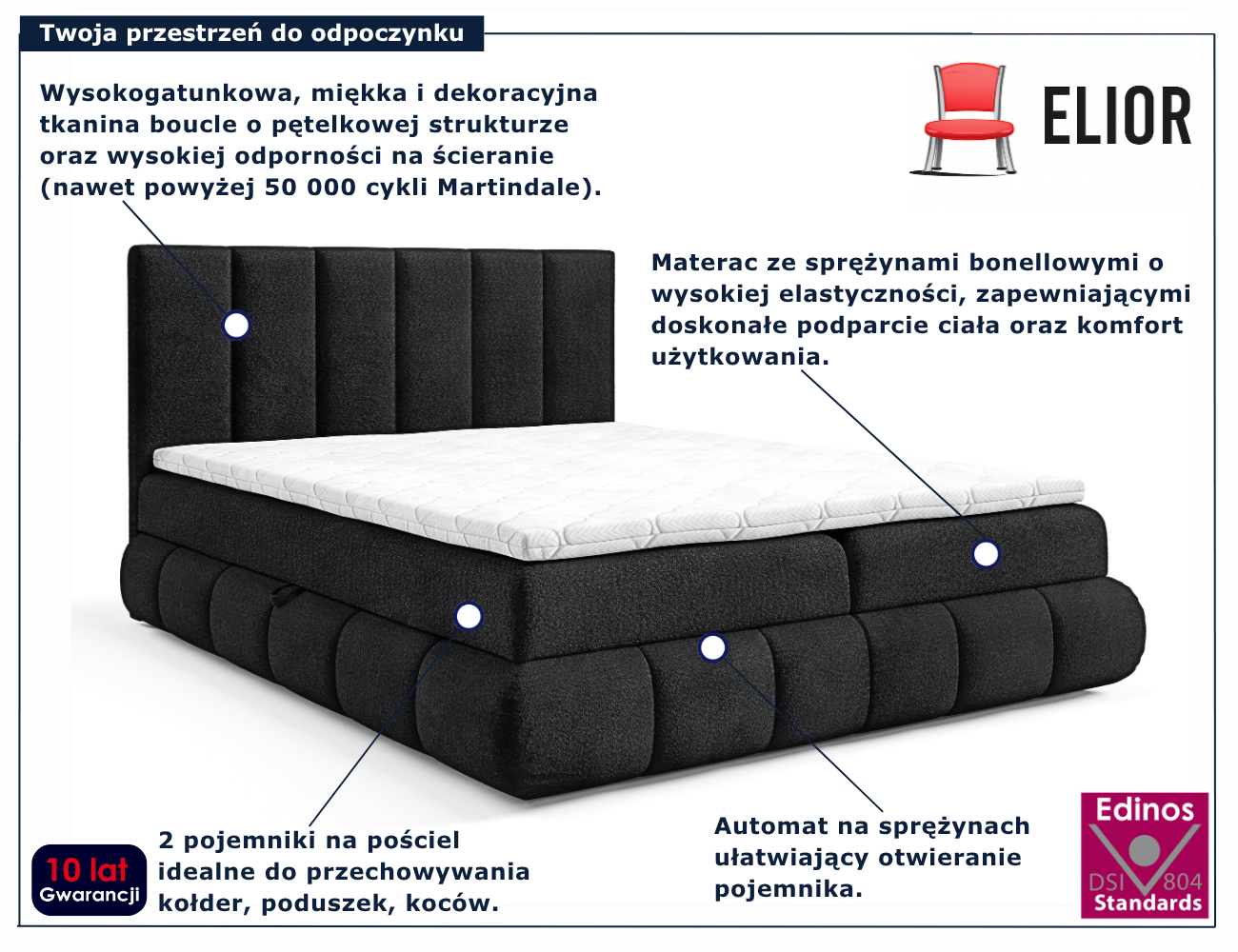 Czarne tapicerowane łóżko Soressa 3X
