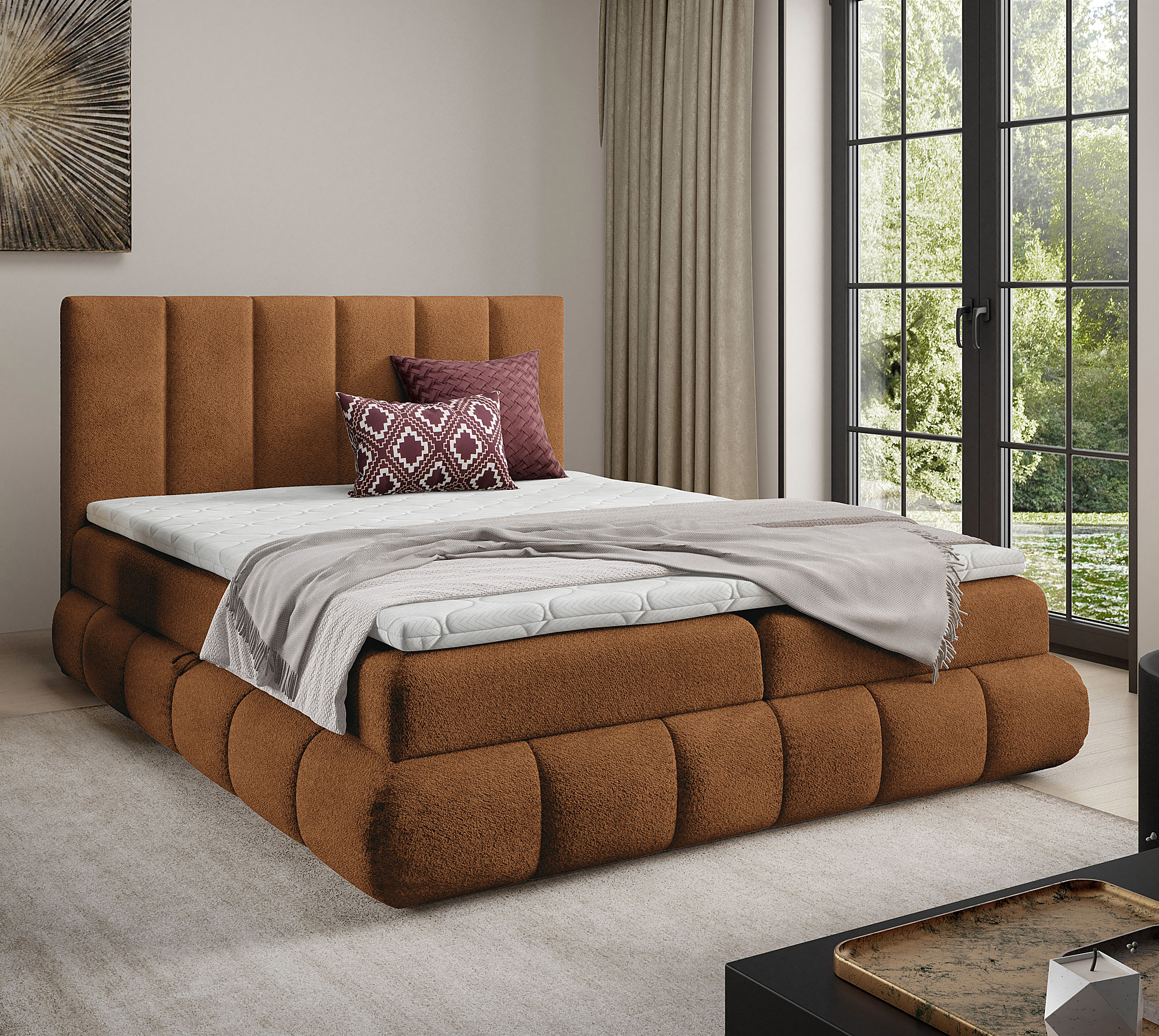 Aranżacja wnętrza z łóżkiem w kolorze koniaku Soressa 3X