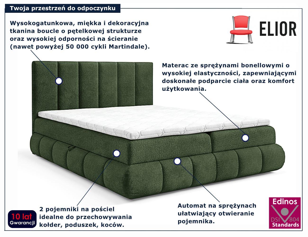 Zielone tapicerowane łóżko Soressa 3X