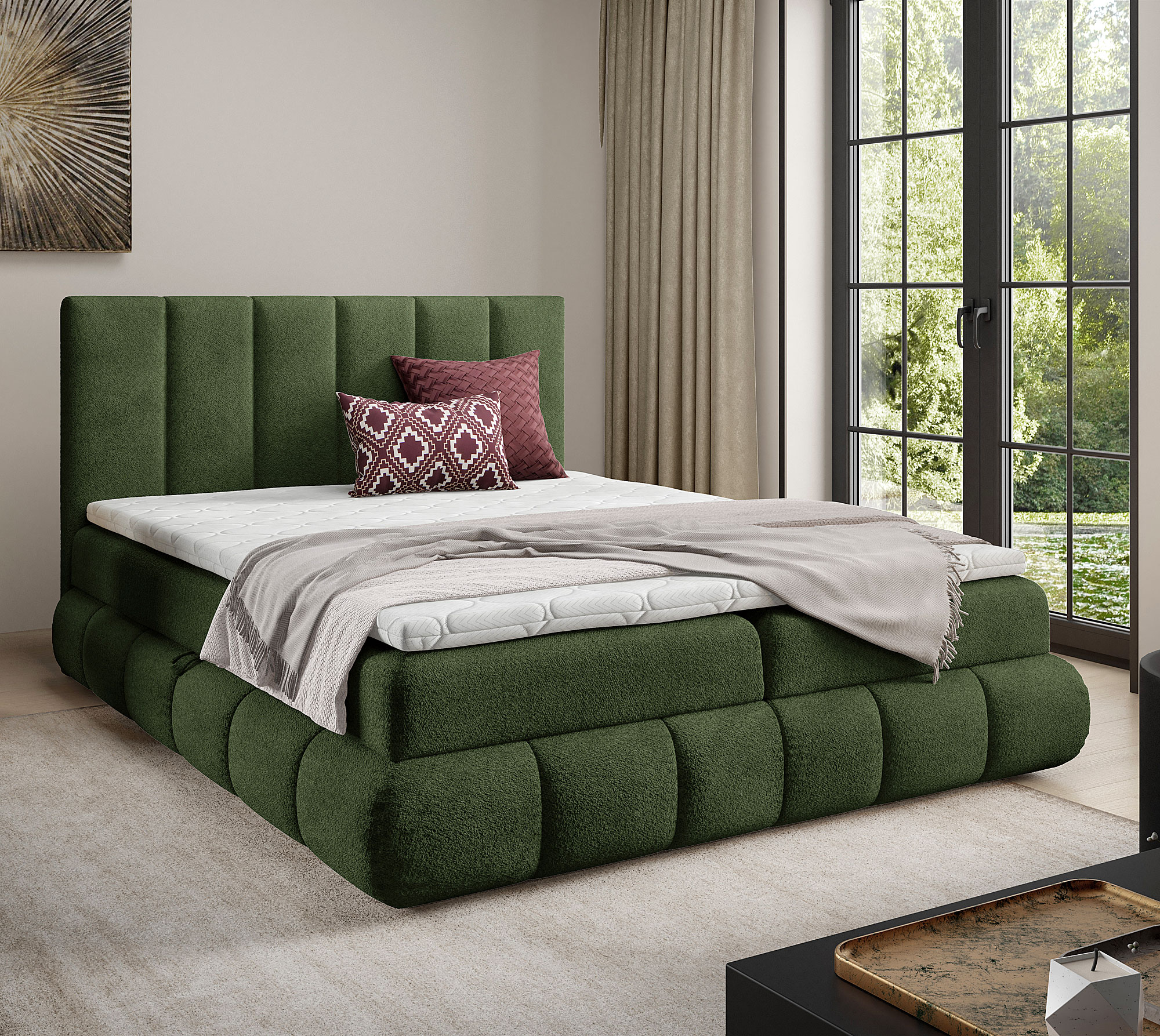 Aranżacja wnętrza z łóżkiem w kolorze zielonym Soressa 3X