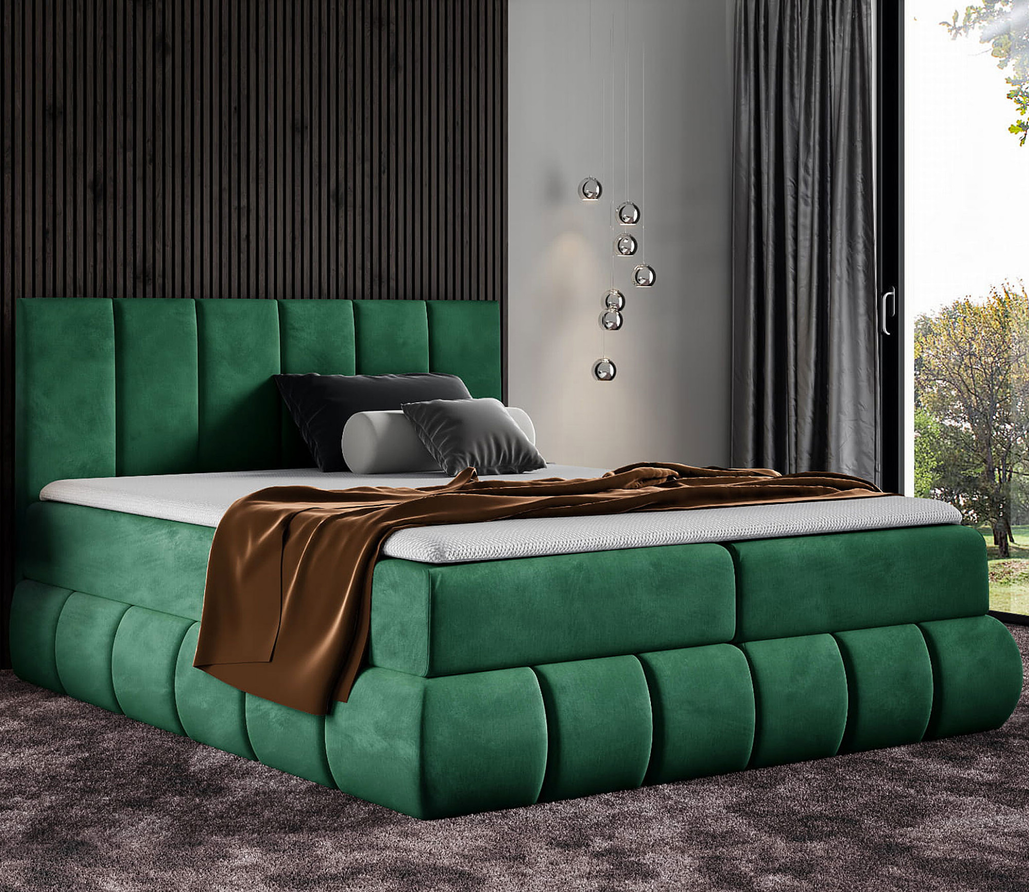 Aranżacja wnętrza z łóżkiem w kolorze zielonym Soressa 4X