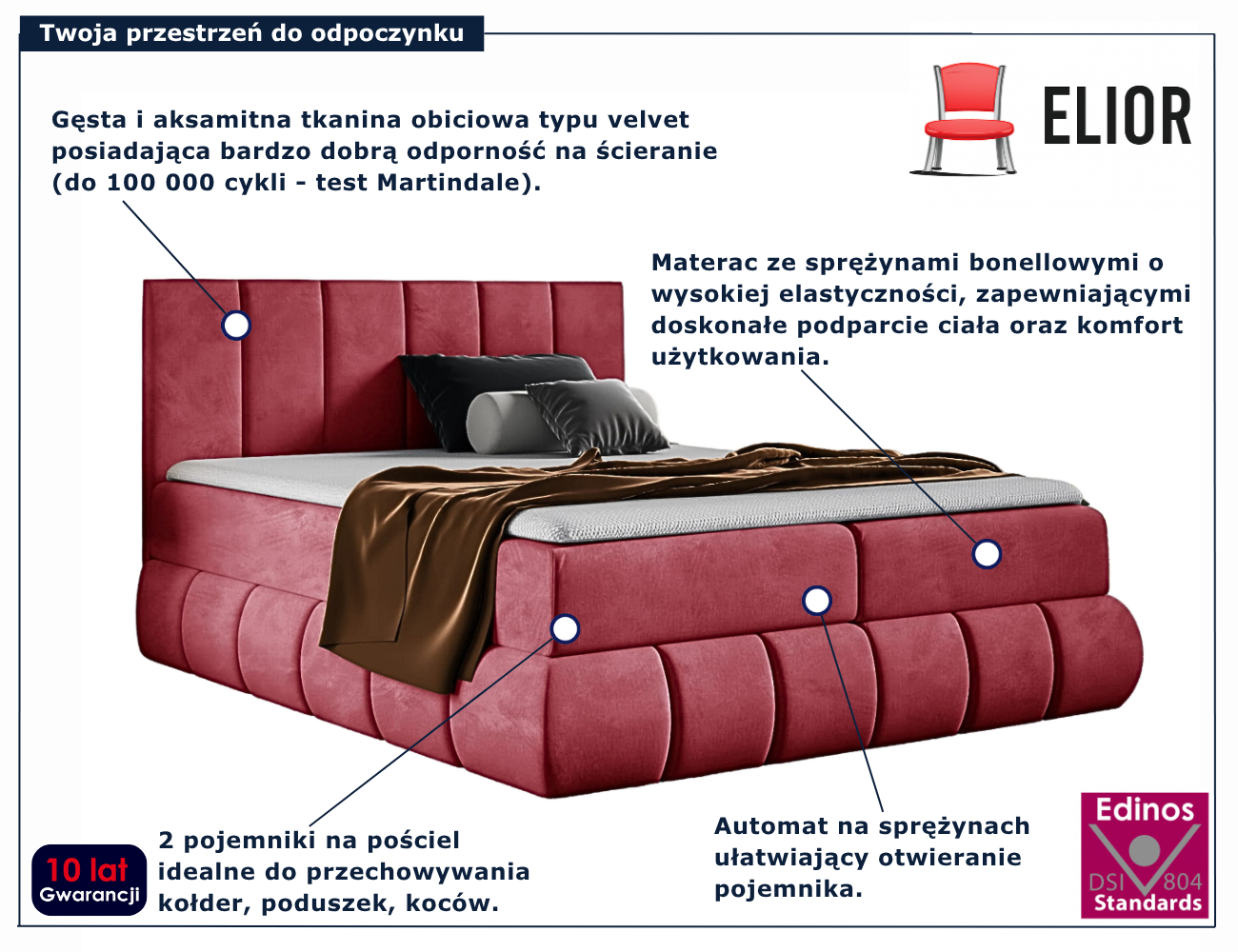 Czerwone tapicerowane welurem łóżko Soressa 4X