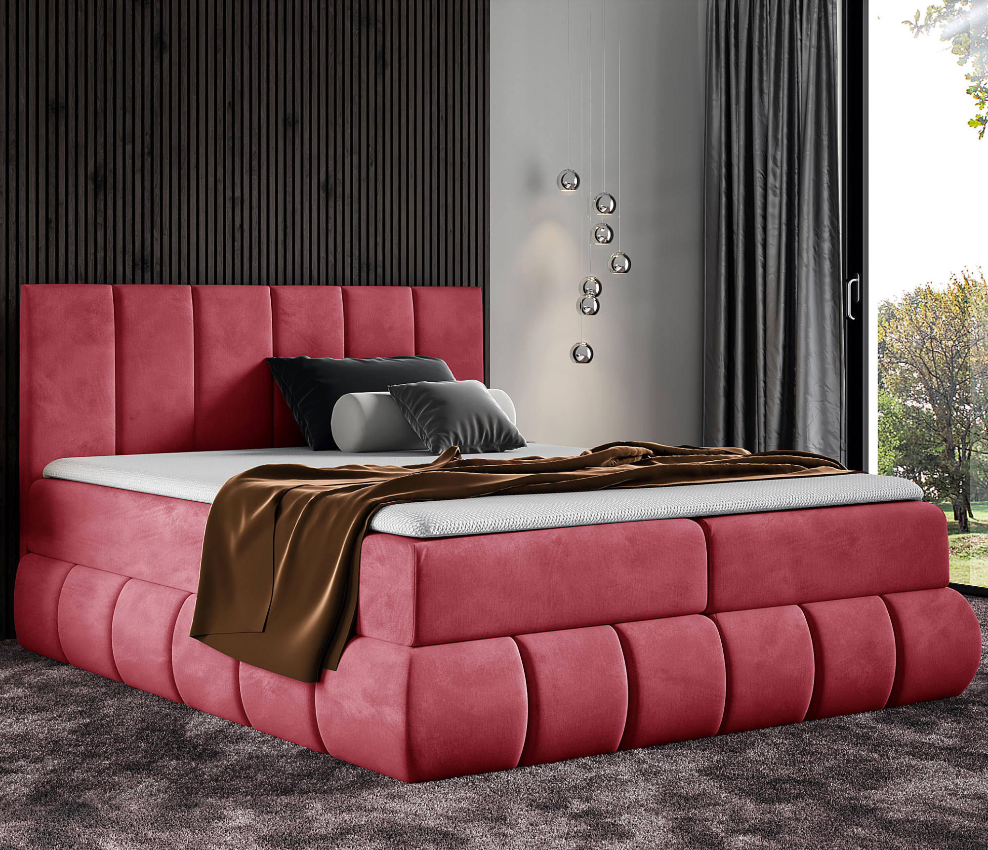 Aranżacja wnętrza z łóżkiem w kolorze czerwonym Soressa 4X