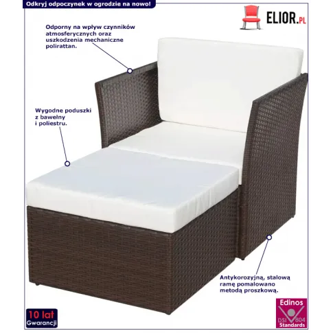 Brązowy fotel ogrodowy z podnóżkiem Bonta infografika