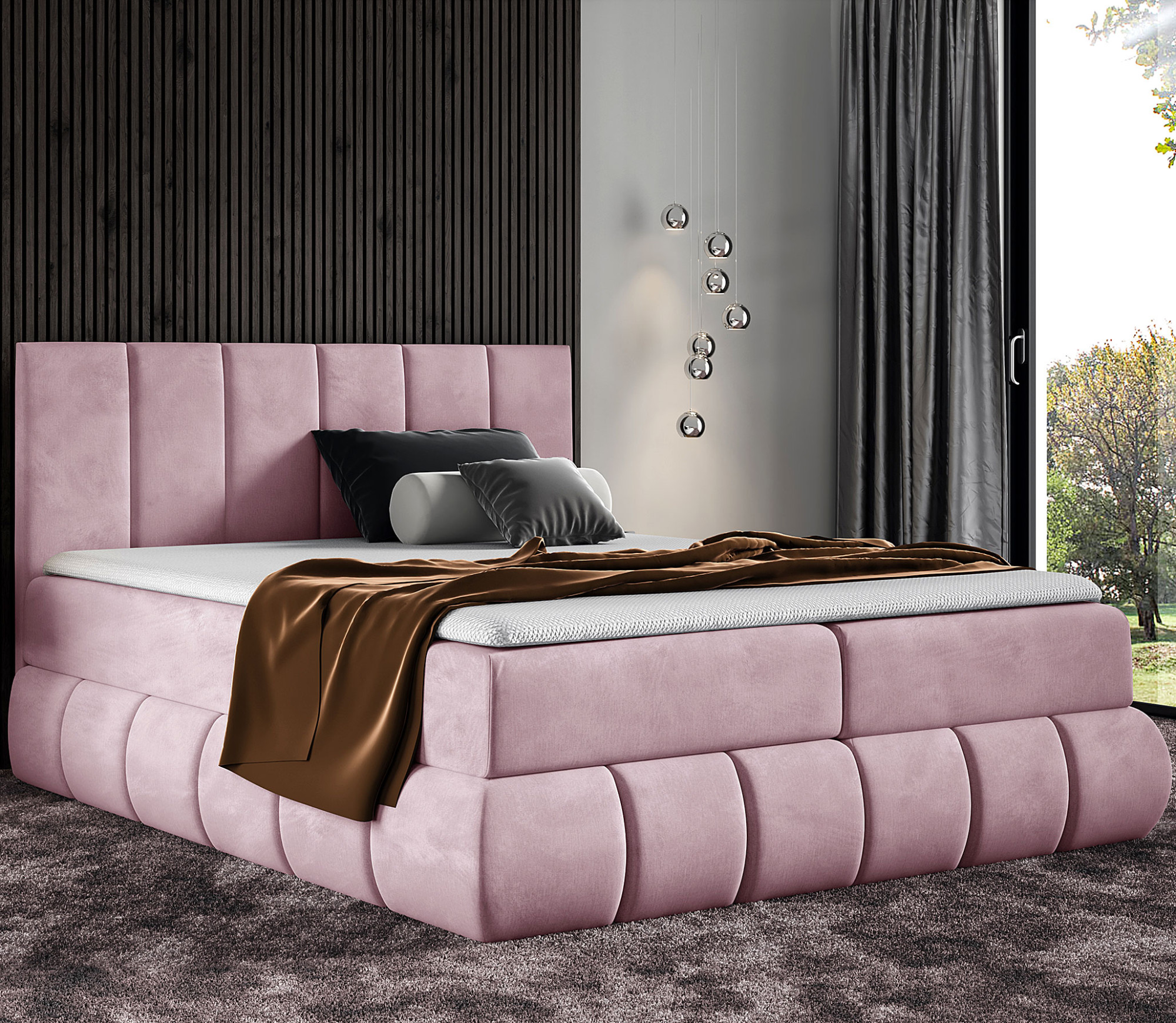 Aranżacja wnętrza z łóżkiem w kolorze różowym Soressa 4X