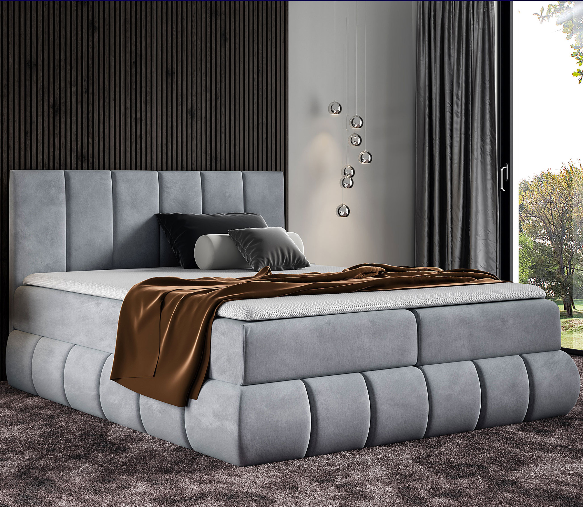 Aranżacja wnętrza z łóżkiem w kolorze szarym Soressa 4X