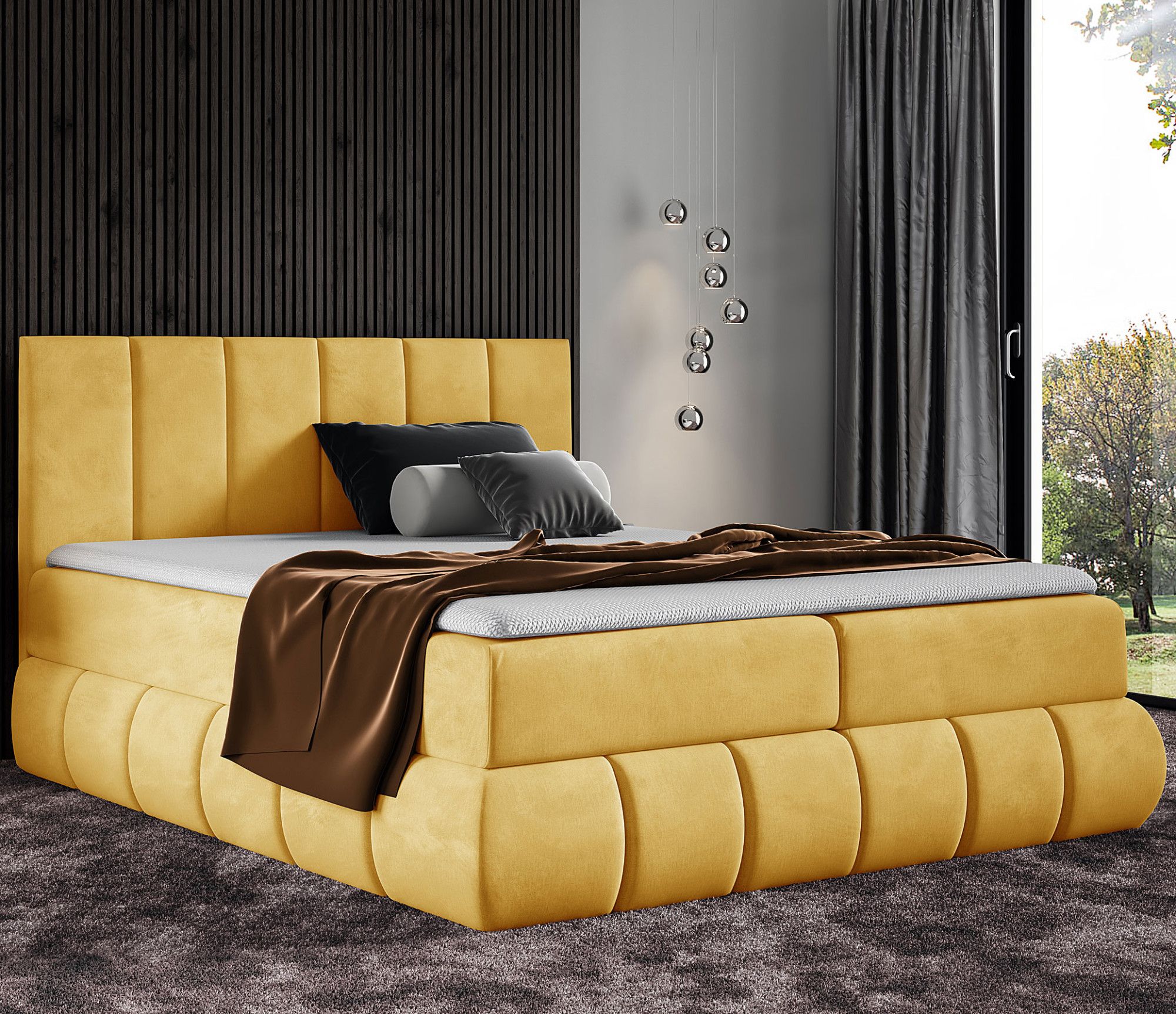 Aranżacja wnętrza z łóżkiem w kolorze żółtym Soressa 4X