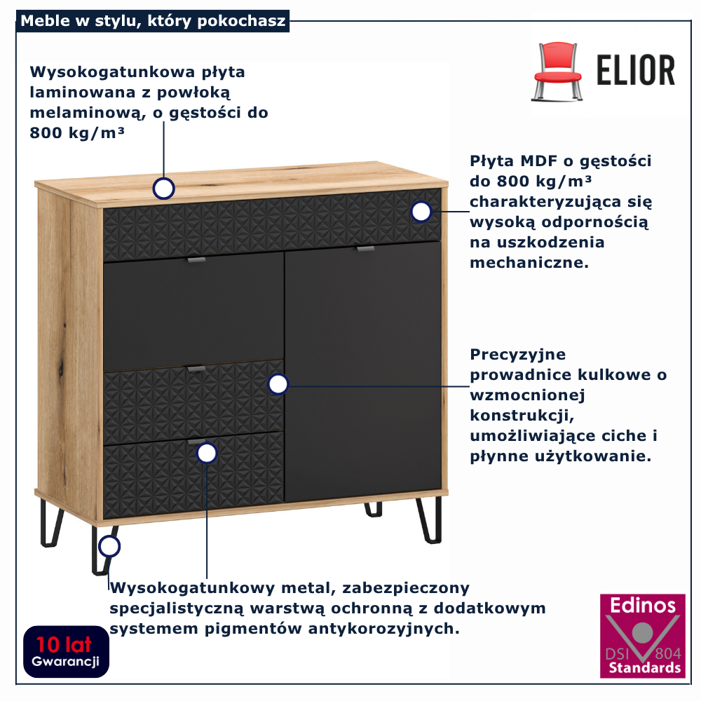 Komoda na nóżkach z 2 szufladami Eccio 3X dąb evoke czarny