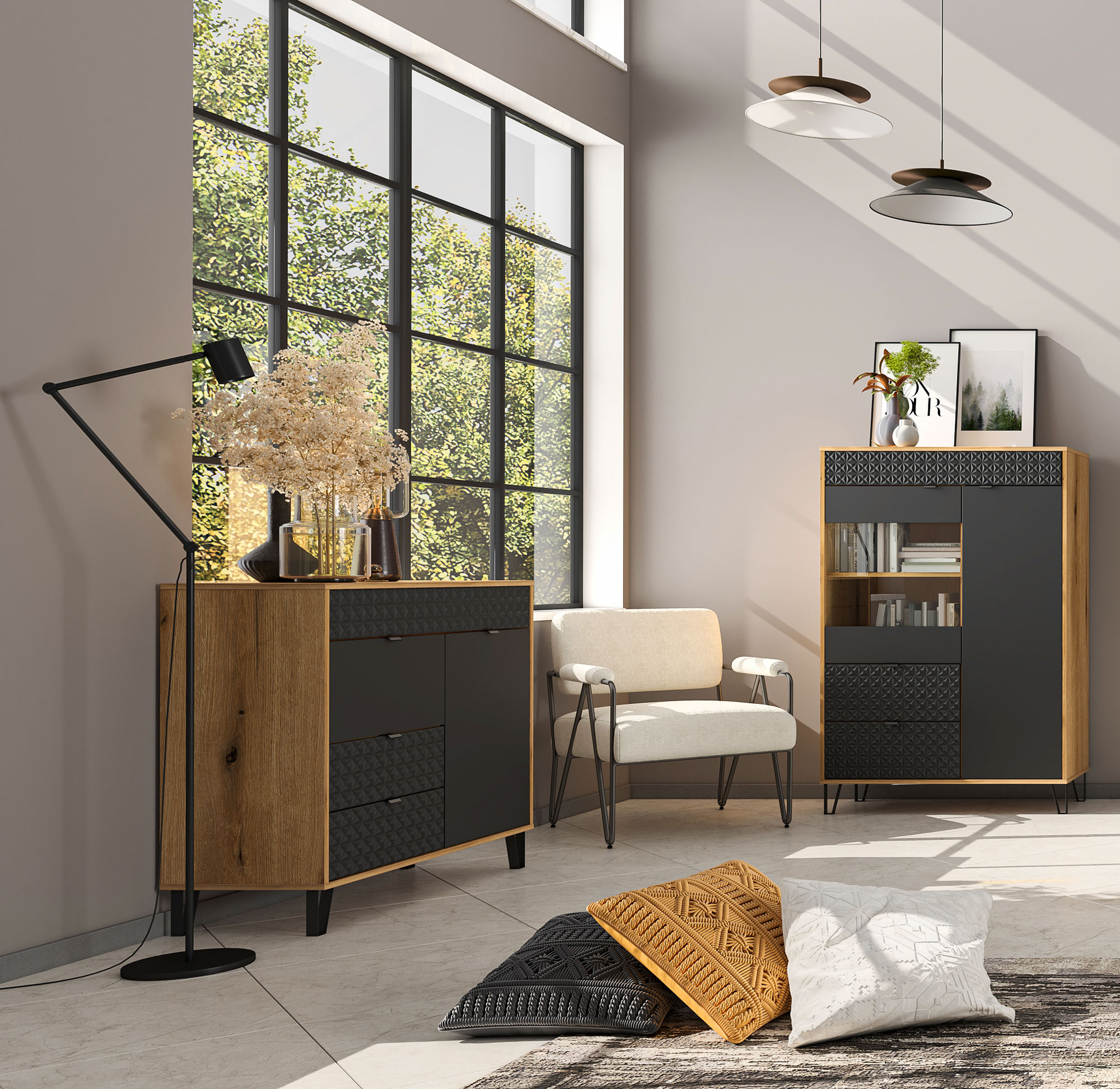 Przykładowa aranżacja z wykorzystaniem komody Eccio 3X dąb evoke czarny