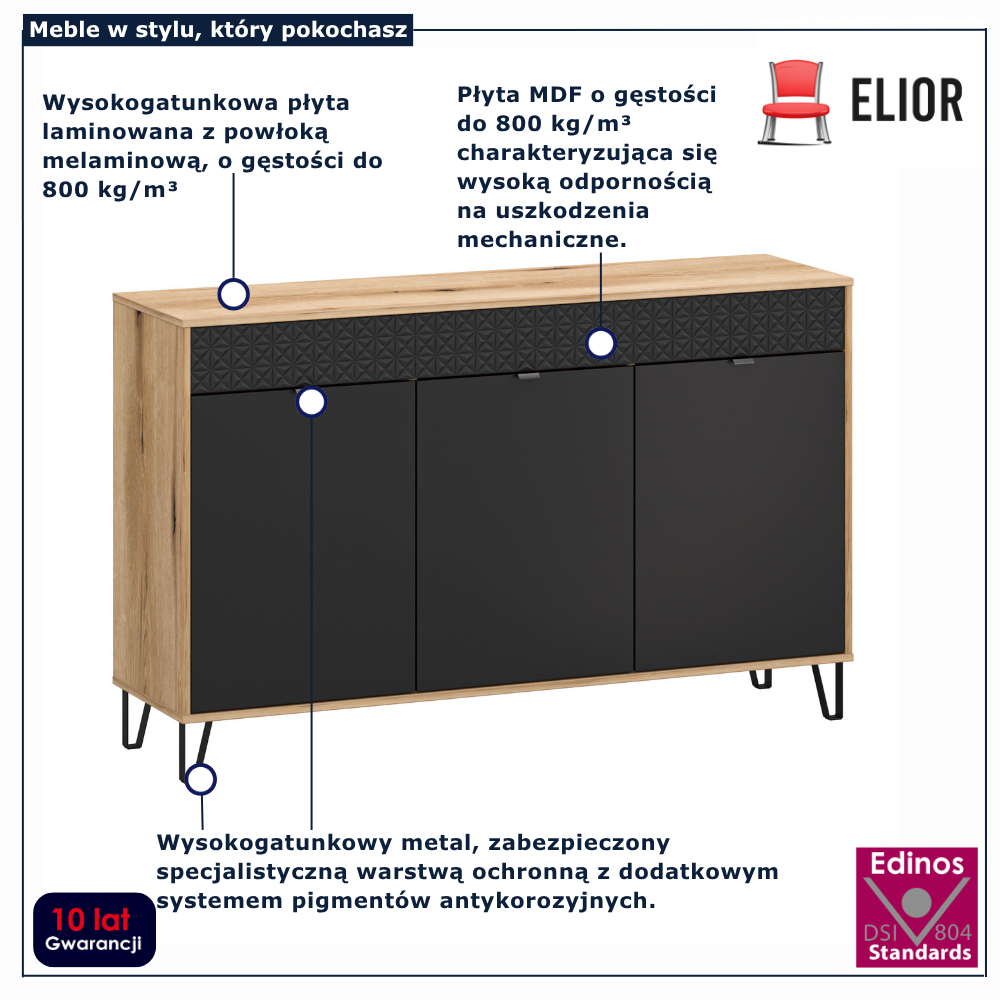 Komoda trzydrzwiowa na nóżkach dąb evok + czarny Eccio 4X