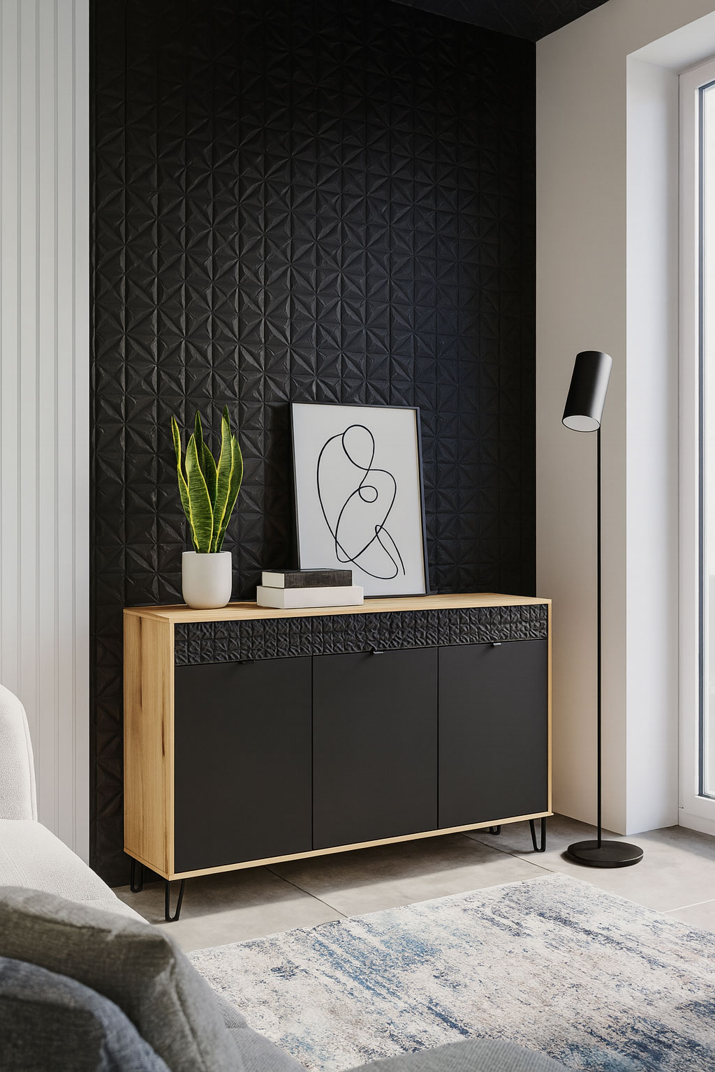 Aranżacja z wykorzystaniem komody długiej Eccio 4X dąb evoke + czarny