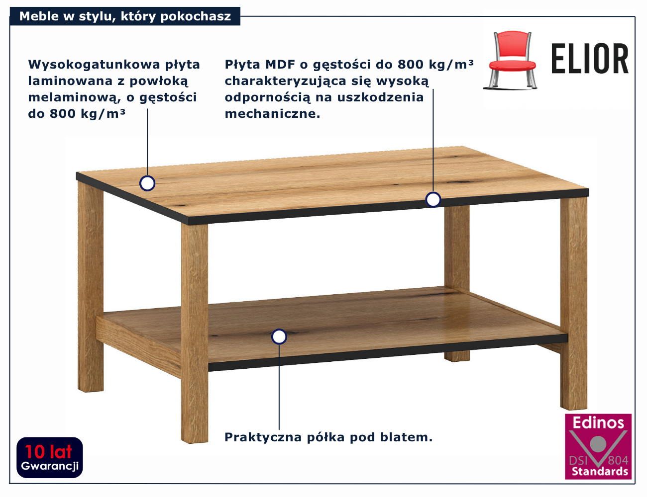 Prostokątna ława do salonu dąb evok + czarny Eccio 5X