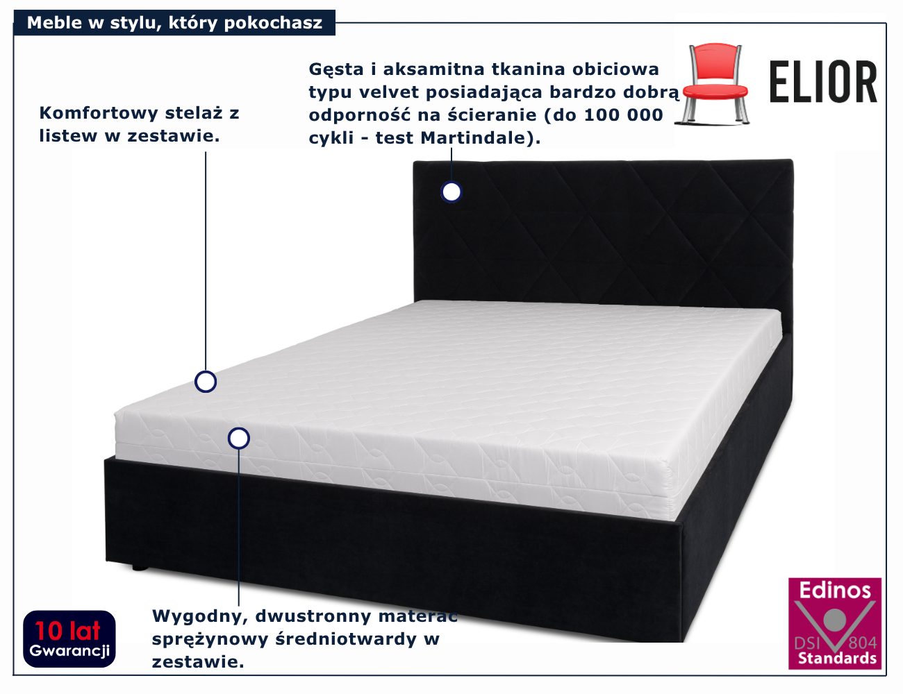 Miękkie czarne łóżko tapicerowane z materacem Eccio 6X