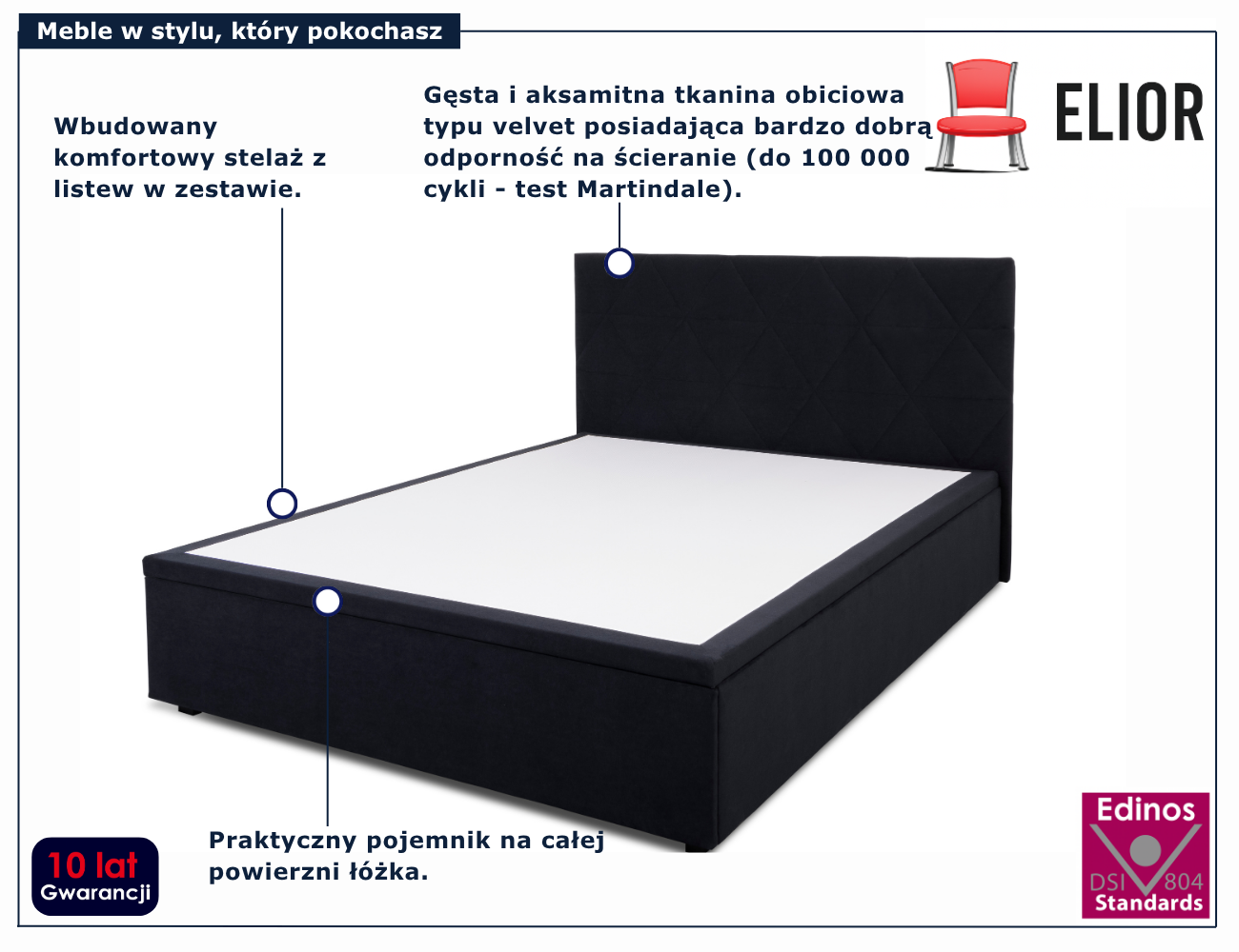 Czarne łóżko pluszowe z pojemnikiem Eccio 7X