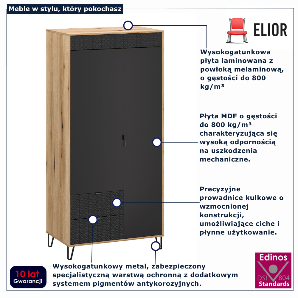 Szafa na nóżkach z drążkiem Eccio 8X dąb evok + czarny