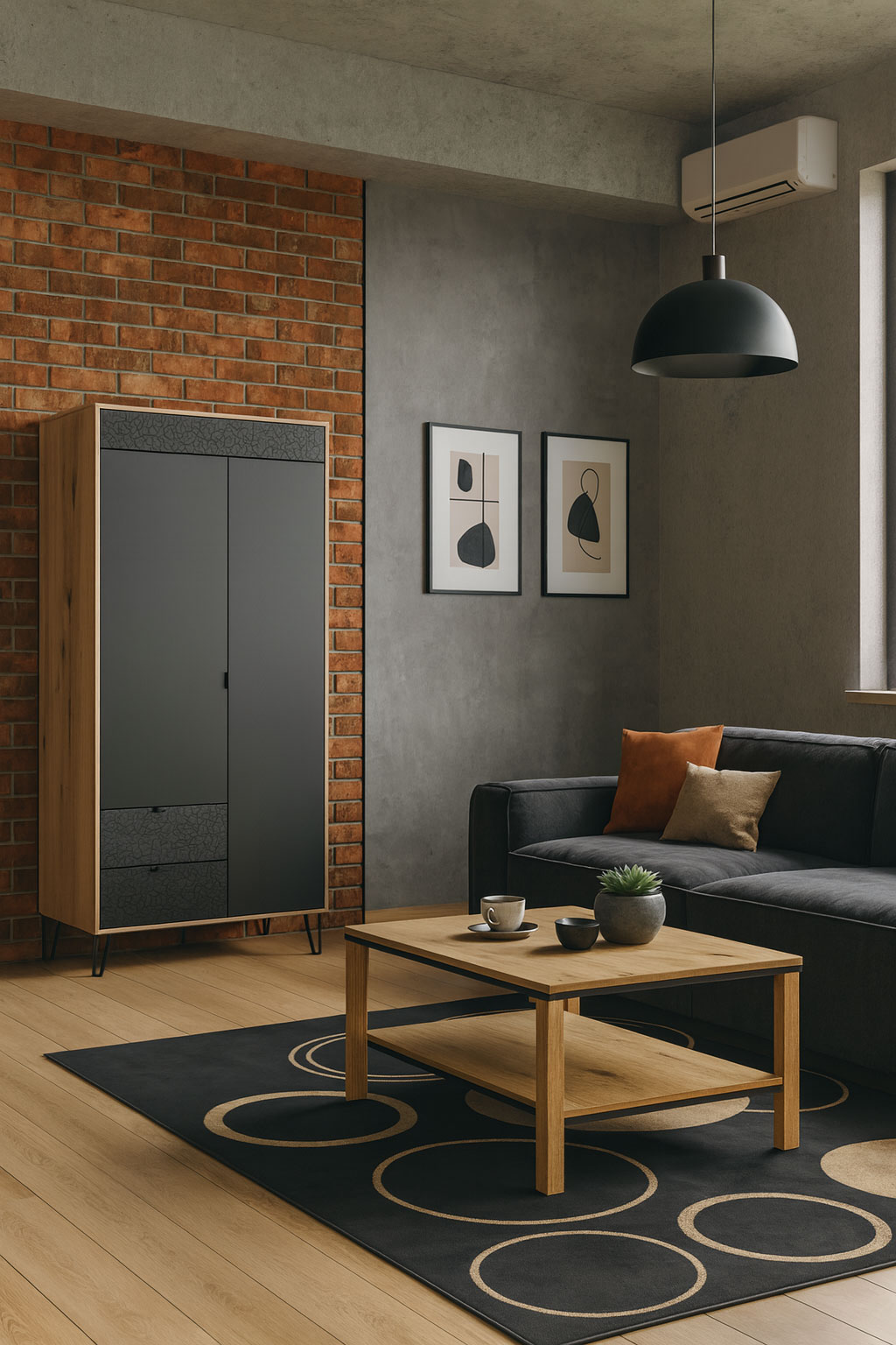 Wnętrze z szafą dwudrzwiową dąb evok + czarny Eccio 8X