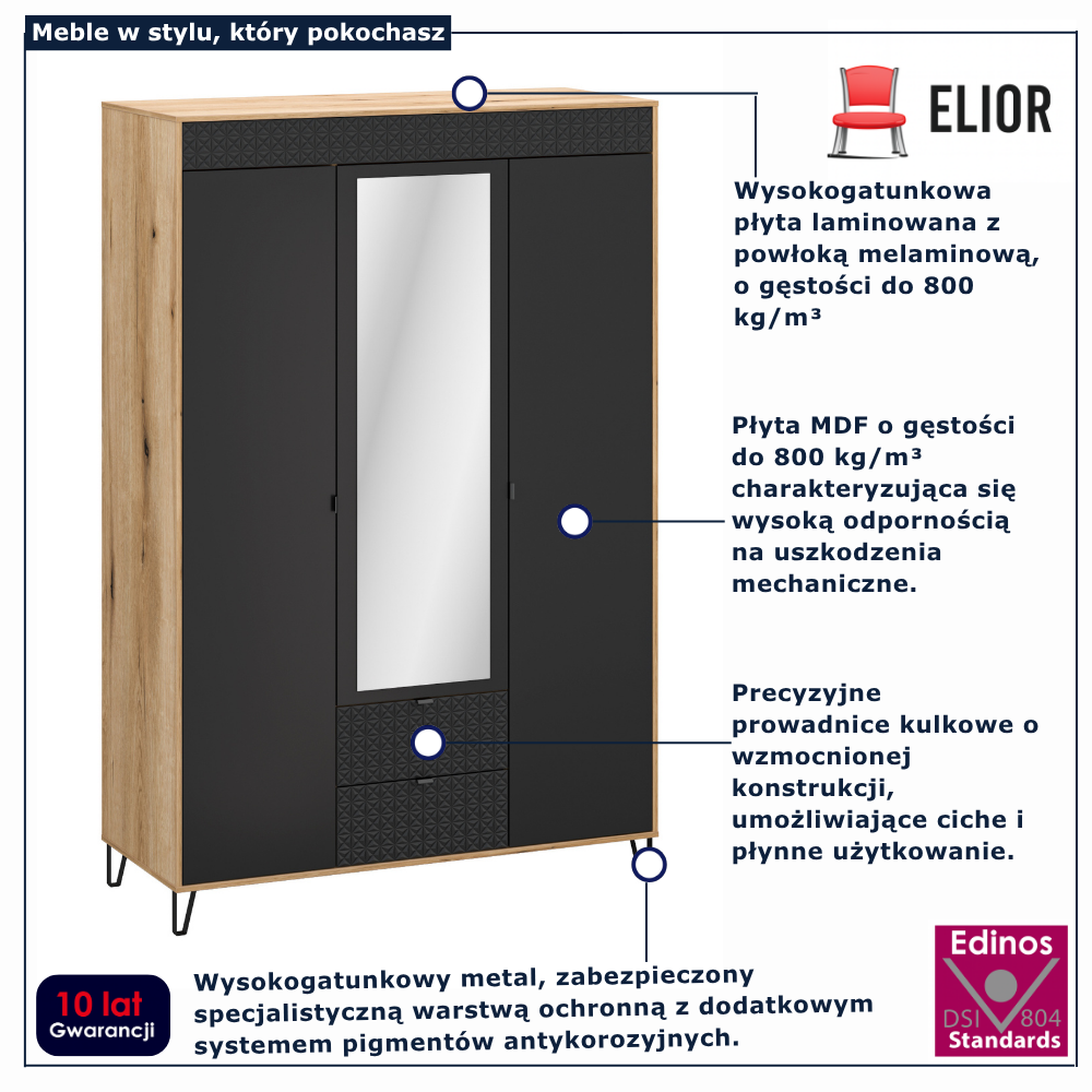 Szafa trzydrzwiowa z lustrem dąb evok + czarny Eccio 9X