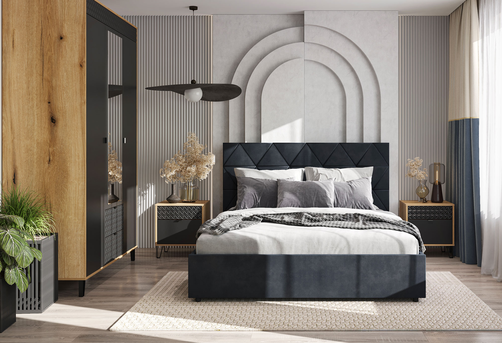 Sypialnia ze stolikiem nocnym dąb evok + czarny Eccio 10X