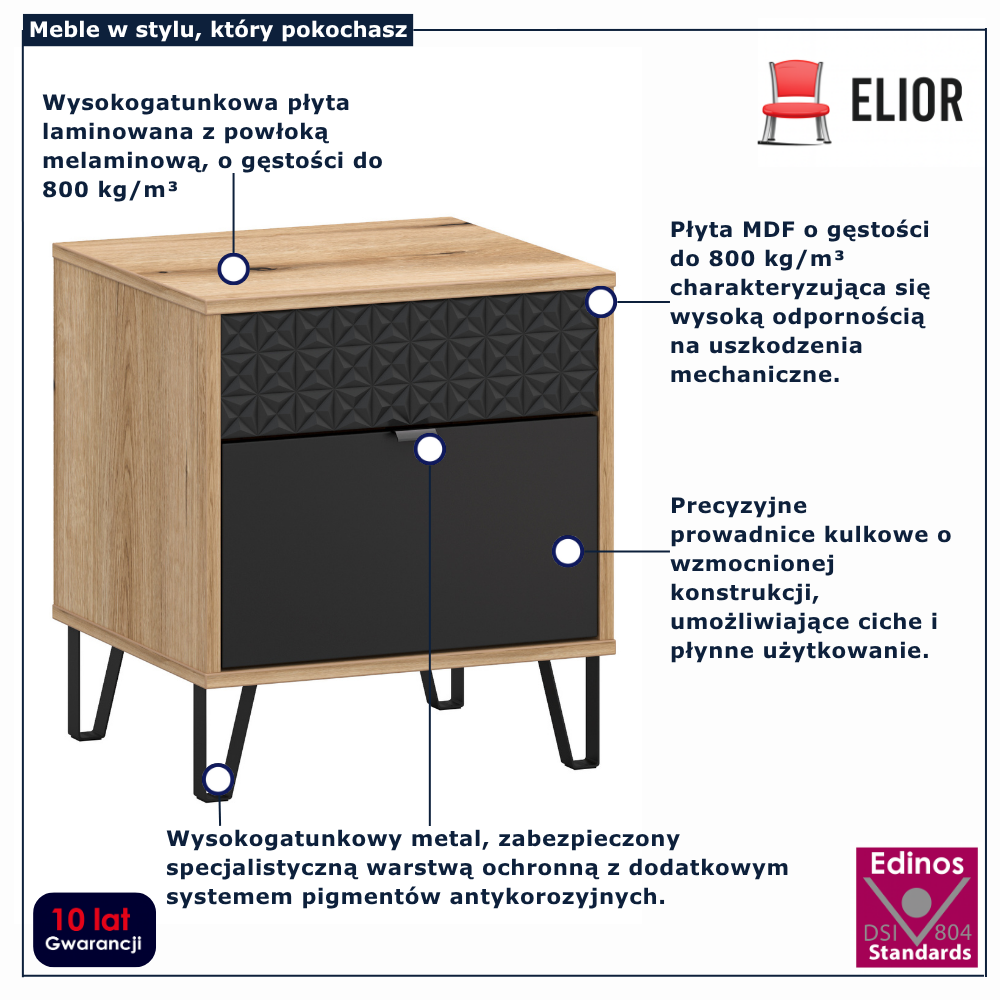 Szafka nocna z szufladą dąb evok + czarny Eccio 10X