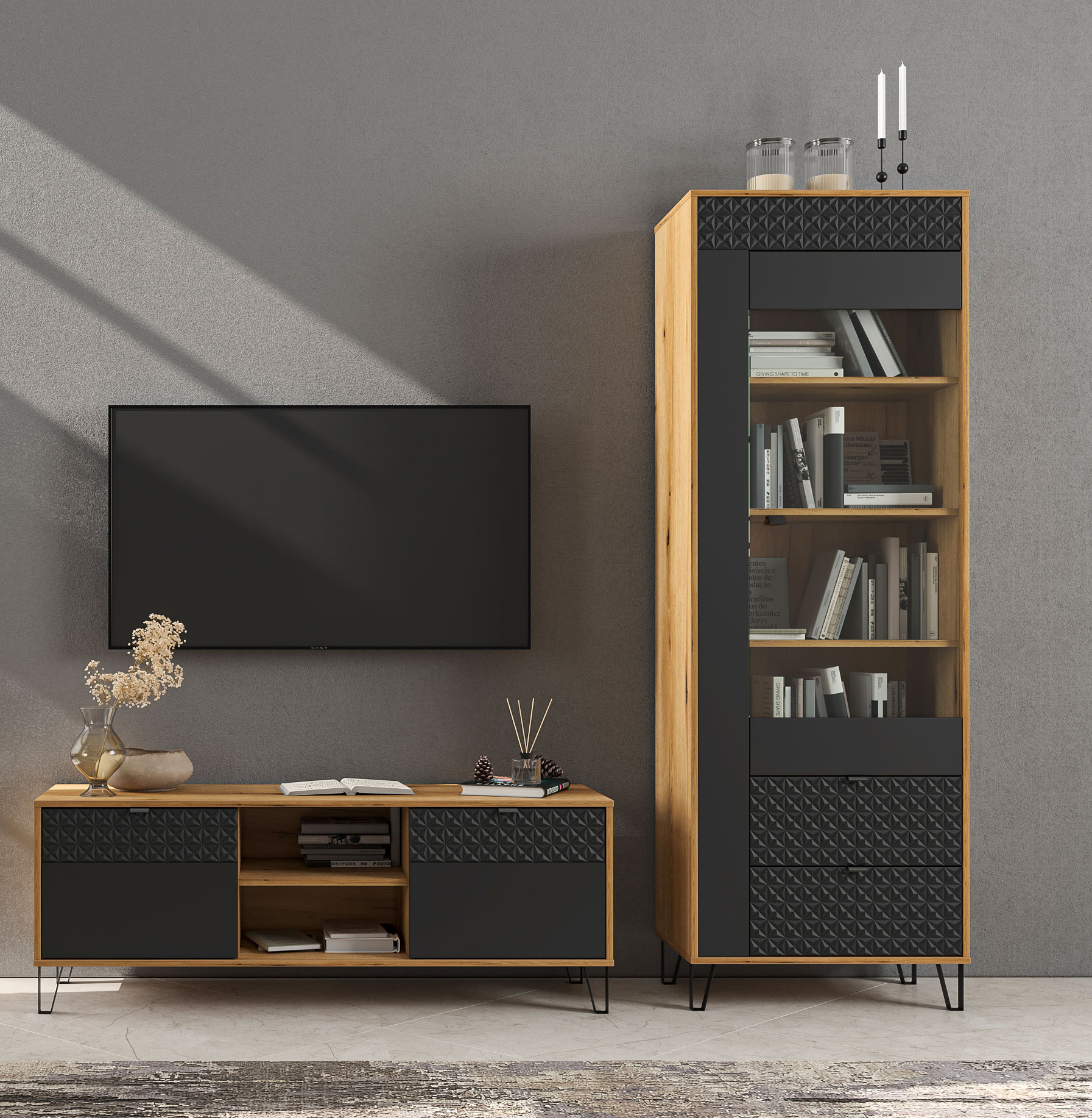 Salon z wykorzystaniem stolika pod tv na nóżkach dąb evok + czarny Eccio 11X