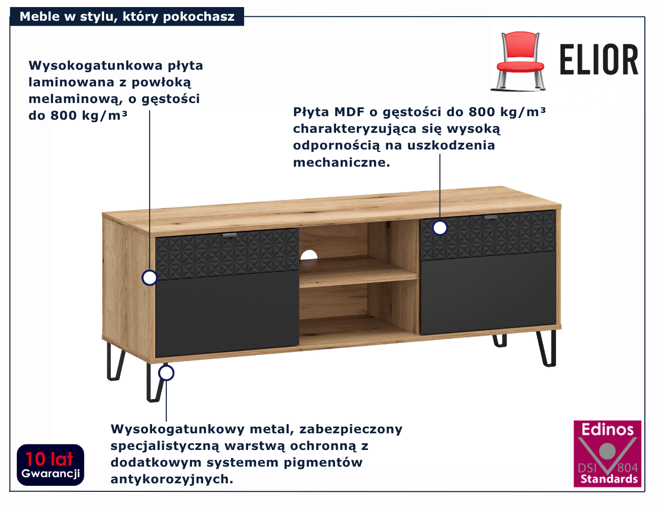 Szafka RTV na nóżkach do salonu dąb evok + czarny Eccio 11X