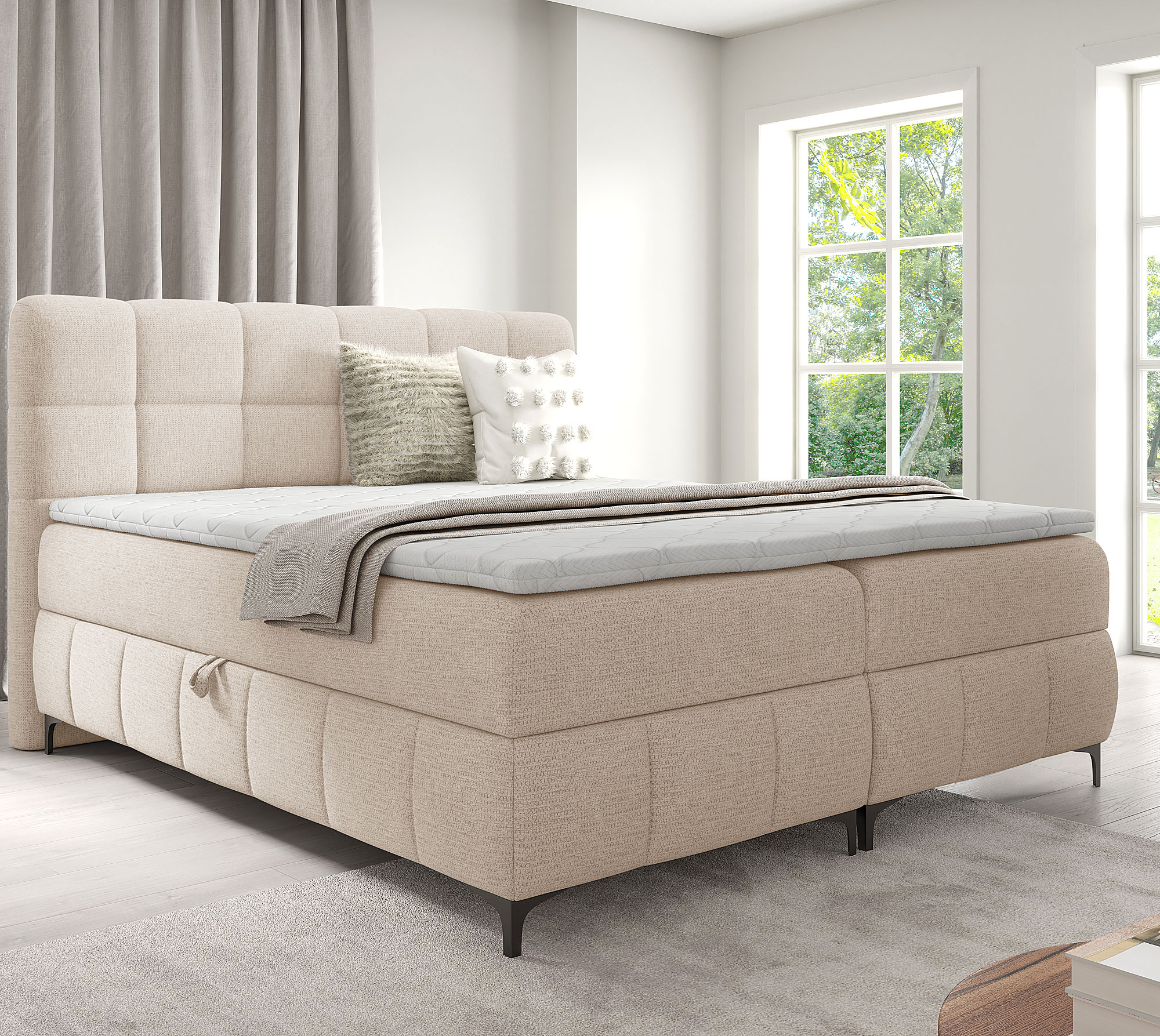 Aranżacja wnętrza z łóżkiem w kolorze beżowym Ravesso