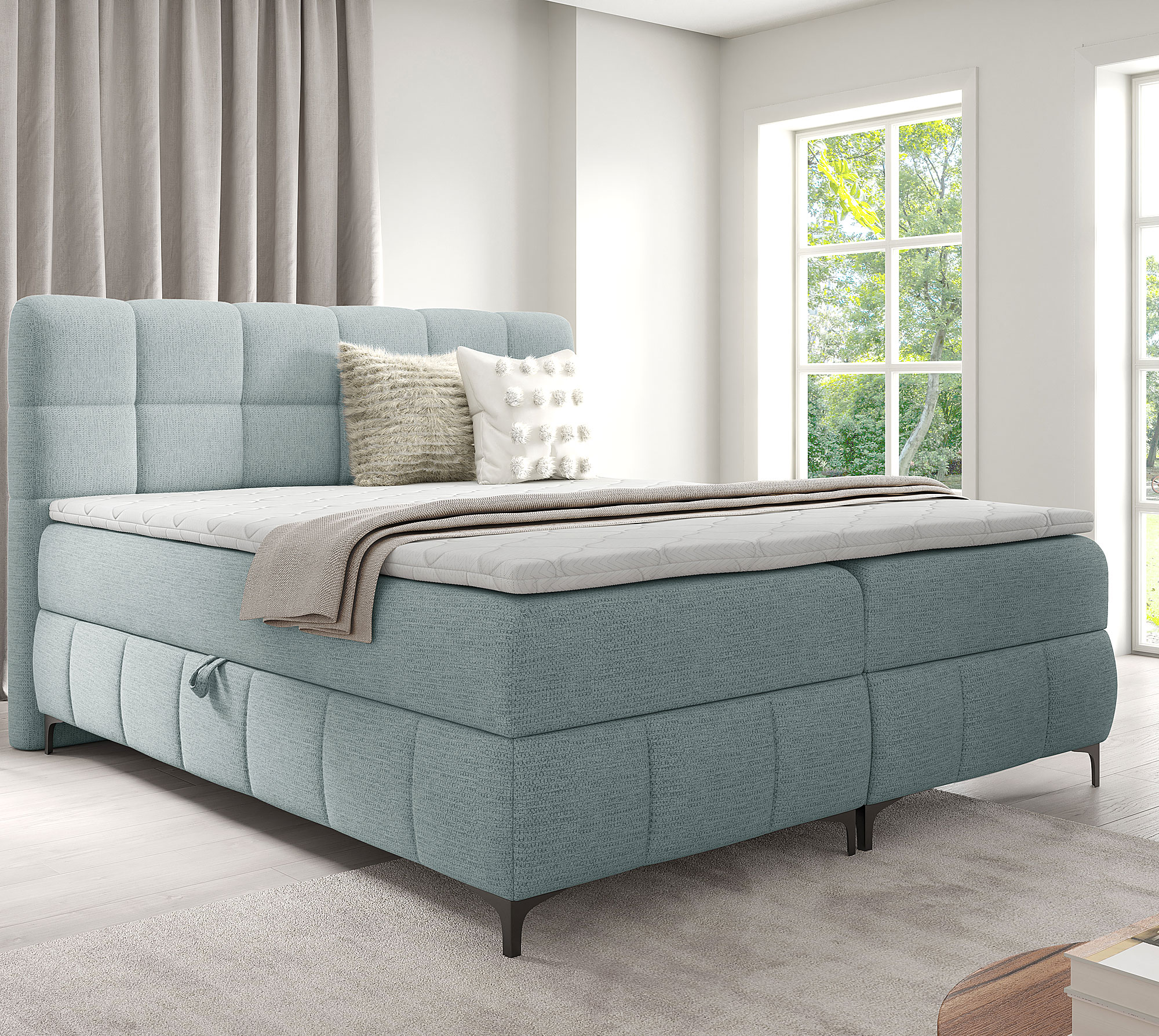 Aranżacja wnętrza z łóżkiem w kolorze błękitnym Ravesso