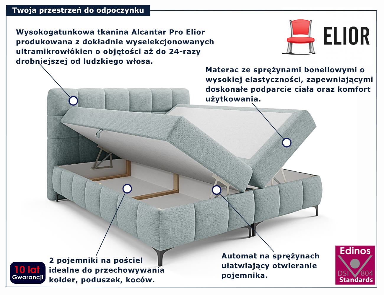 Błękitne tapicerowane łóżko kontynentalne Ravesso