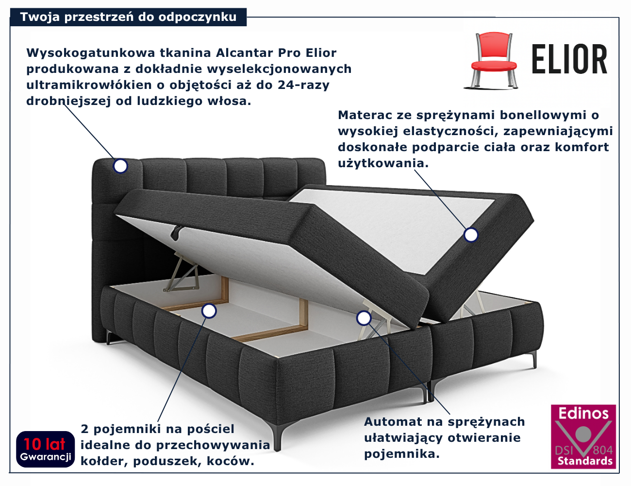 Czarne tapicerowane łóżko kontynentalne Ravesso