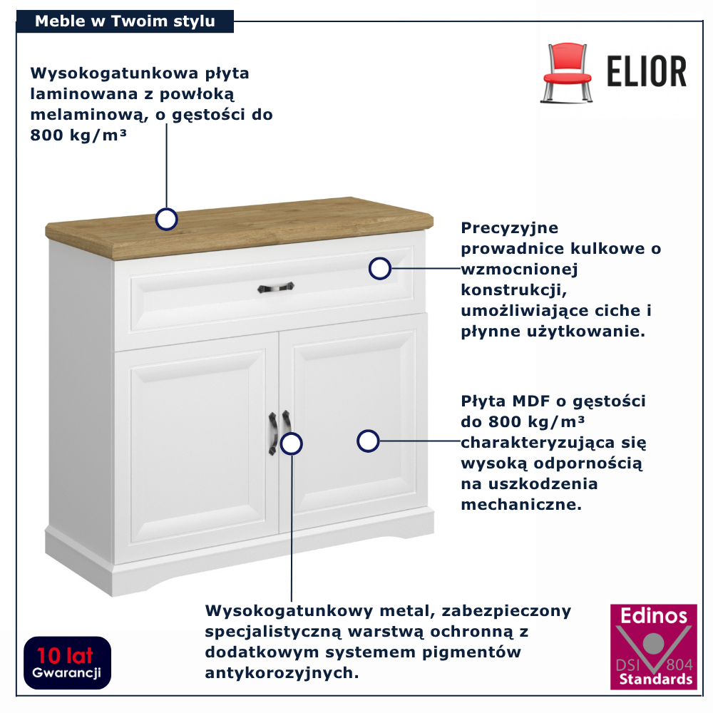 Komoda z drewnianym blatem Epium 3X biały + dąb harbor