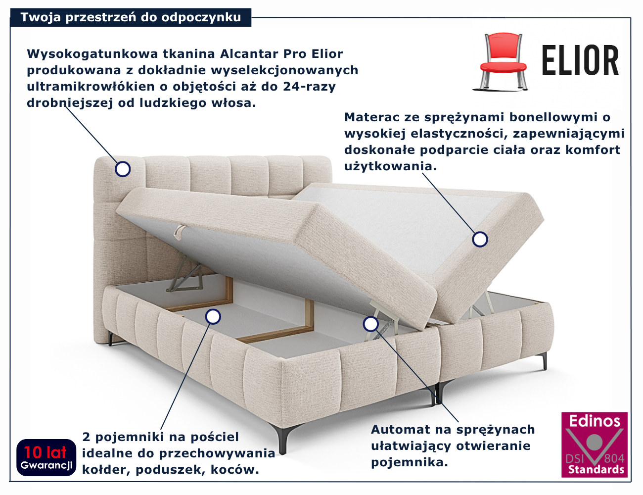 Kremowe tapicerowane łóżko kontynentalne Ravesso